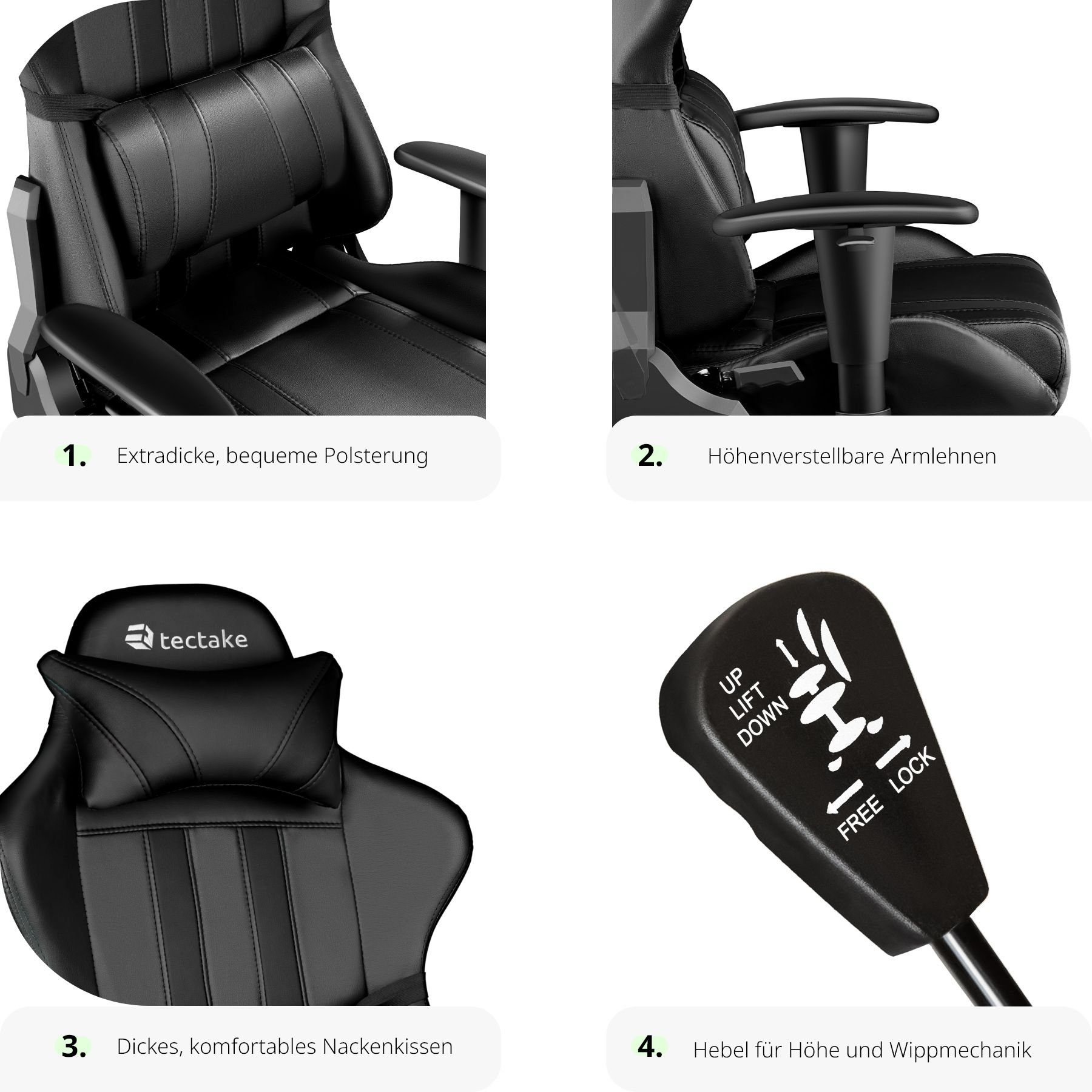 schwarz Racing Streifen bis tectake mit 1 Bürostuhl verstellbar (1er, Rückenlehne Gaming-Stuhl 105° Premium St),