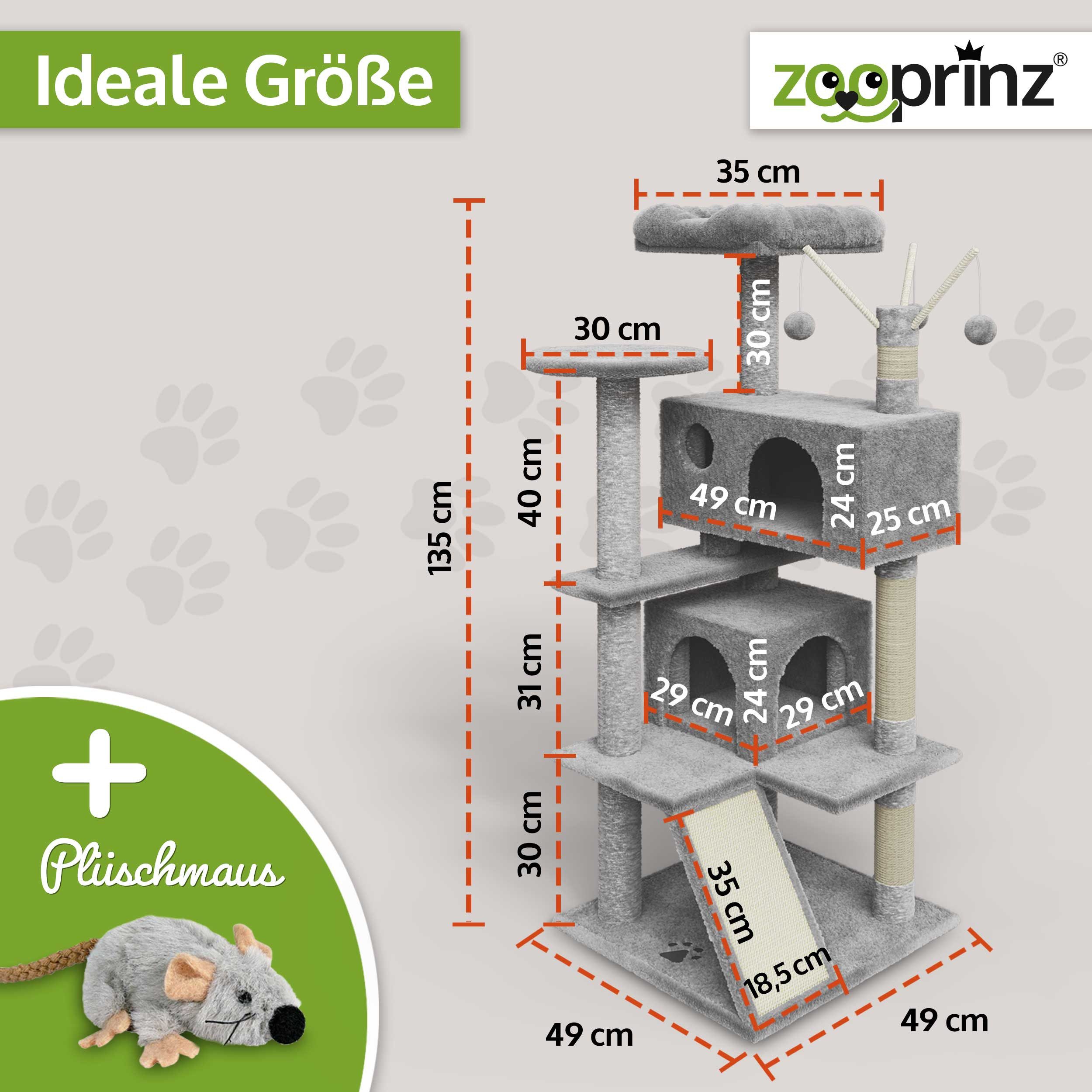 Zooprinz Kratzbaum Kitty XXL inklusive Plüschmaus, 3 Spielbälle, Strapazierfähig, 2 Höhlen, Sisalstämme