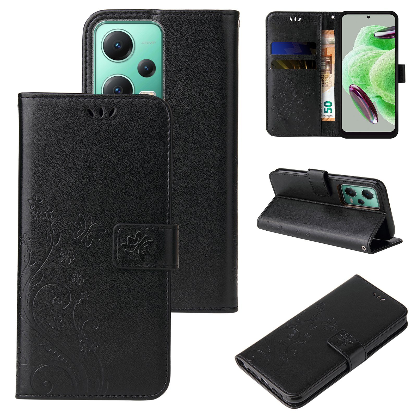 Tec-Expert Handyhülle Cover Tasche Hülle für Xiaomi Redmi Note 12 5G 6,79 Zoll, Klapphülle Case mit Kartenfach Fliphülle aufstellbar, Motiv Blumen