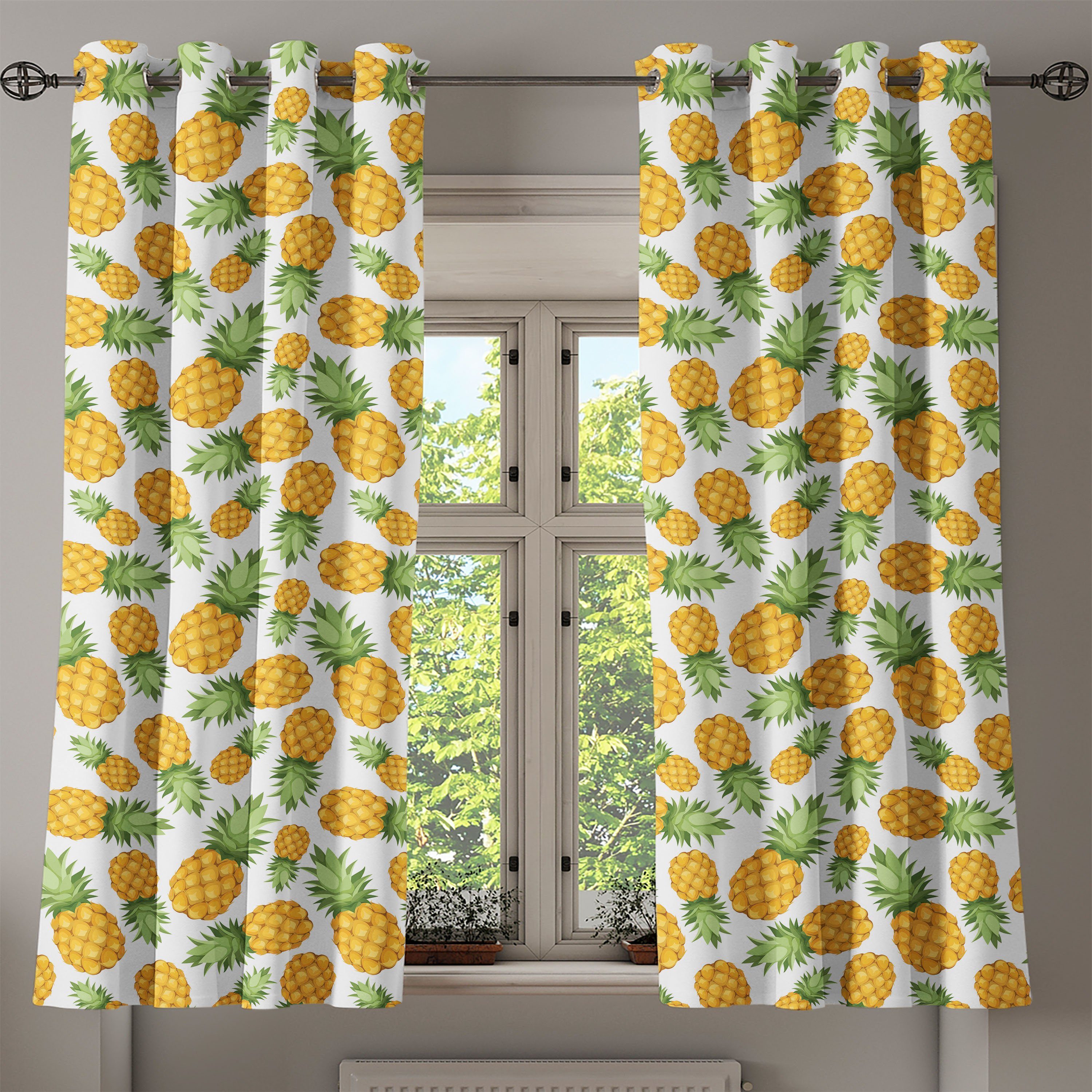 Wohnzimmer, 2-Panel-Fenstervorhänge für Abakuhaus, Weiß Gardine Ananas und reife Dekorative Schlafzimmer Gelb