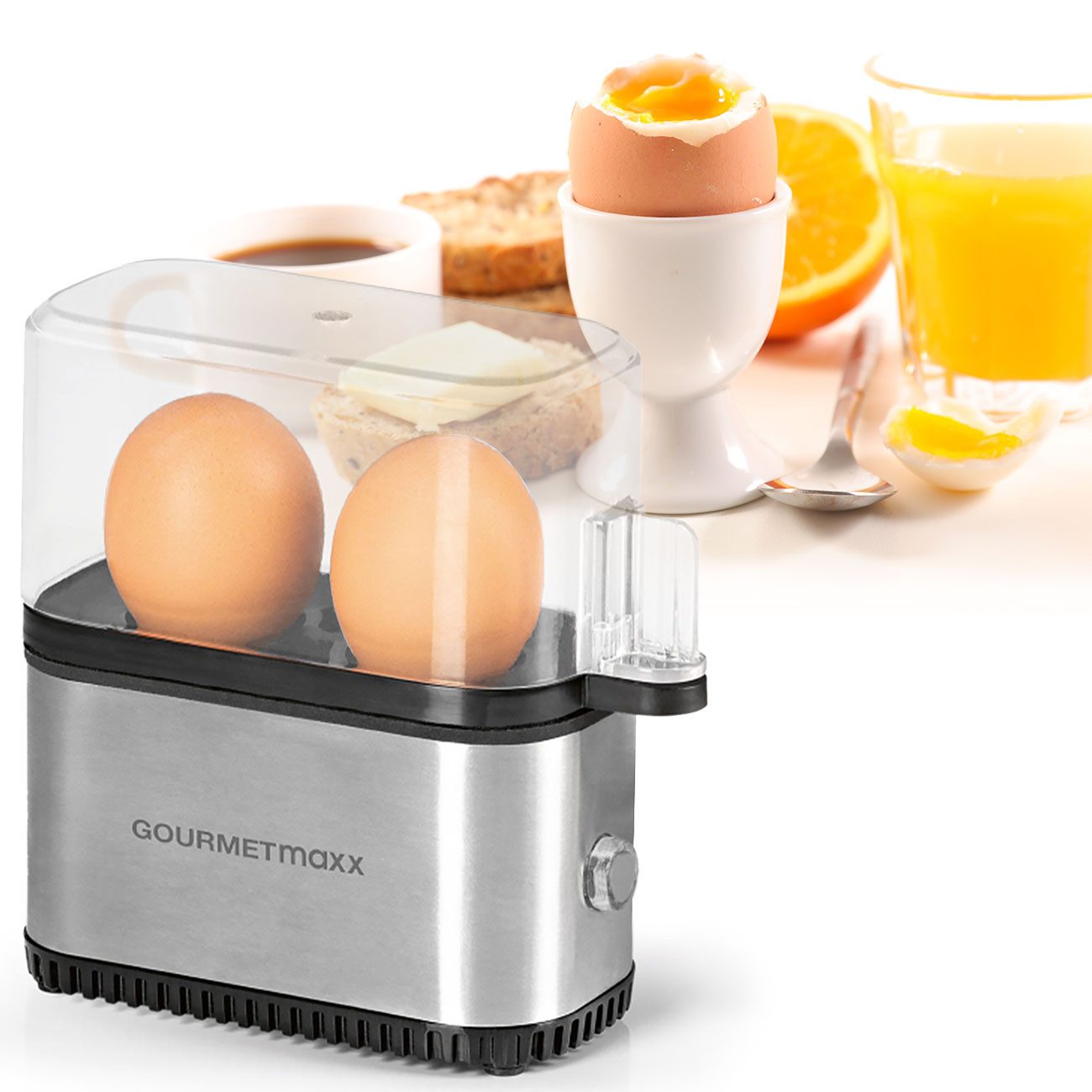 GOURMETmaxx Eierkocher Mini-Eierkocher für 2 Eier 250 W Messbecher & Eipick Silber/Schwarz, 2-Eier-Kocher mit Messbecher, Eipikser & Zufallsfarbauswahl