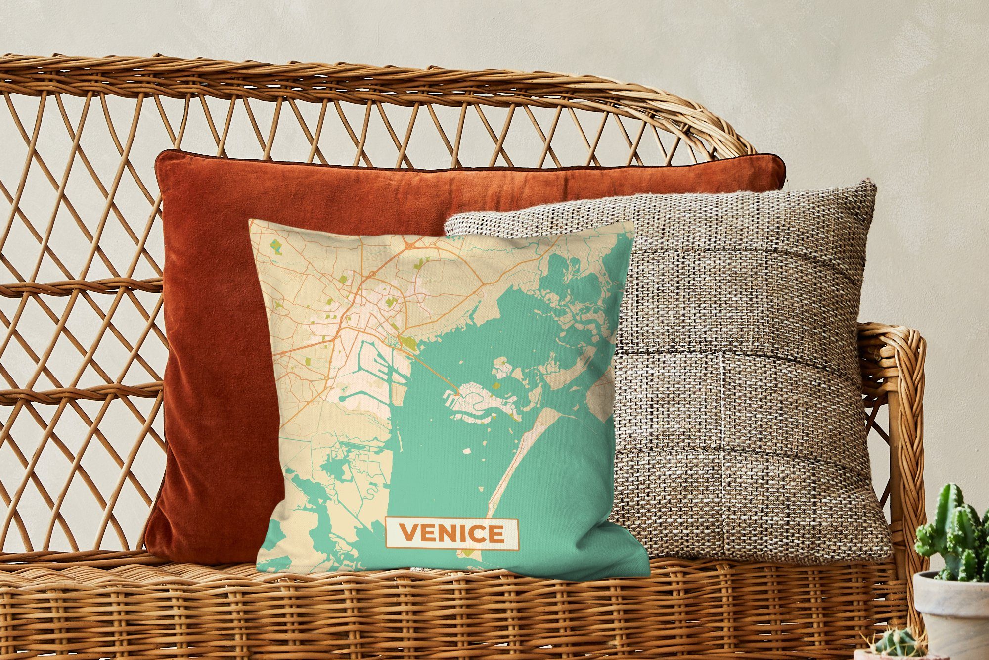 Wohzimmer, Deko, - Schlafzimmer, Vintage, Füllung MuchoWow Dekokissen Zierkissen - Karte Sofakissen Stadtplan Venedig - mit für