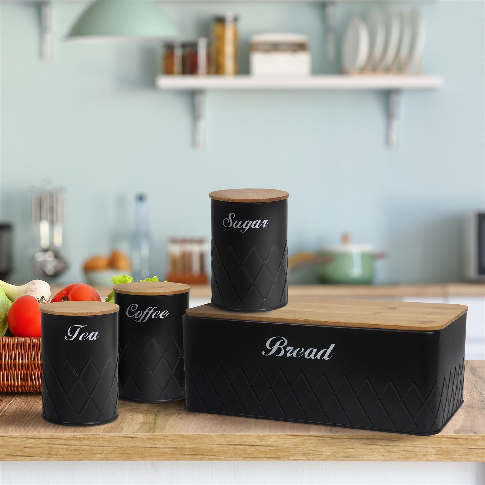 Neuetischkultur Brotkasten Brotkasten Vorratsdosen 4er-Set Schwarz, Eisen, (Set, 4-tlg., 1 Brotkasten, 3 Vorratsdosen), Metall Kaffeedose Teedose Zuckerdose