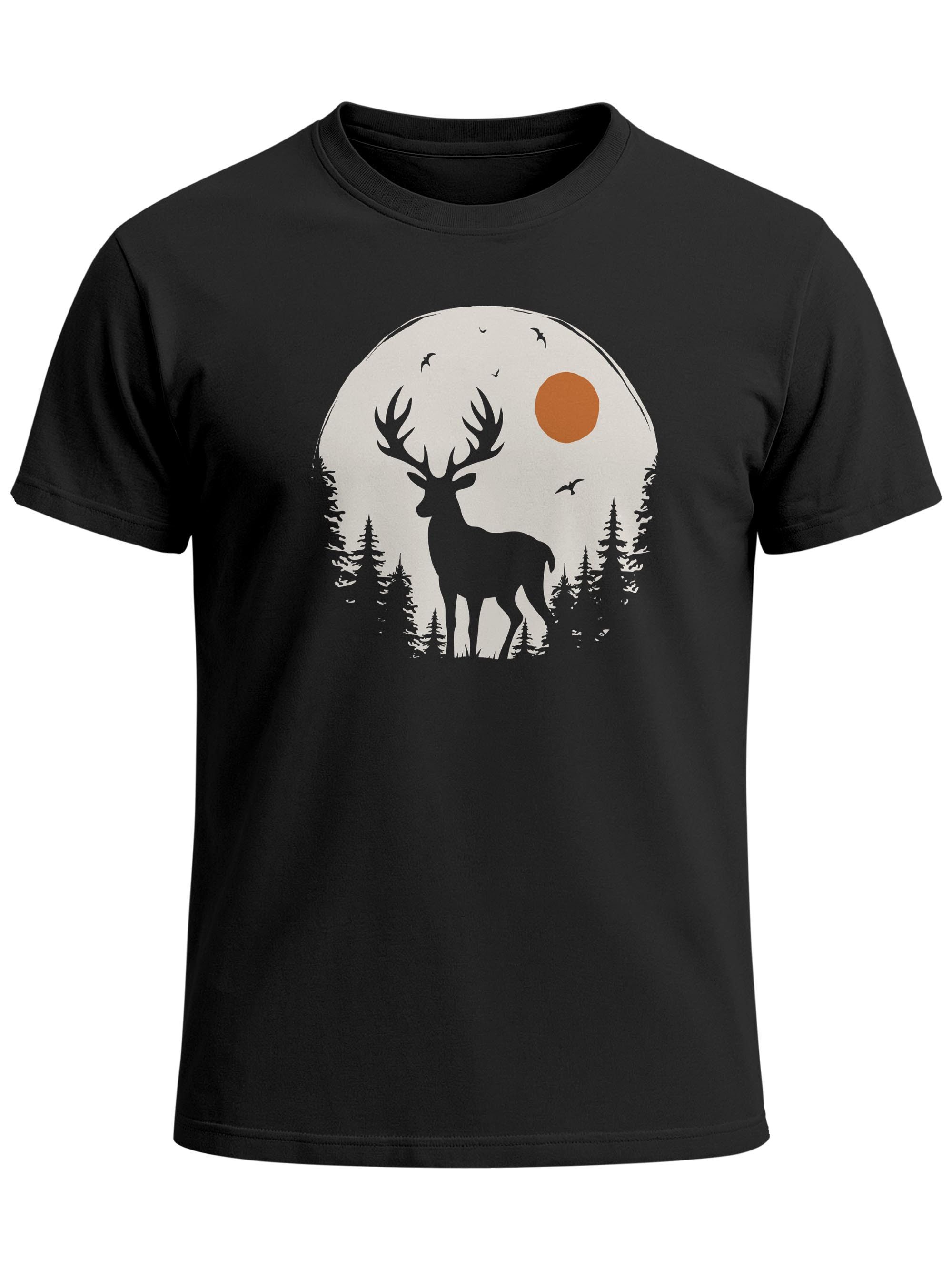 Print-Shirt Herren T-Shirt Frontprint Hirsch Wald Outdoor Natur Wildnis