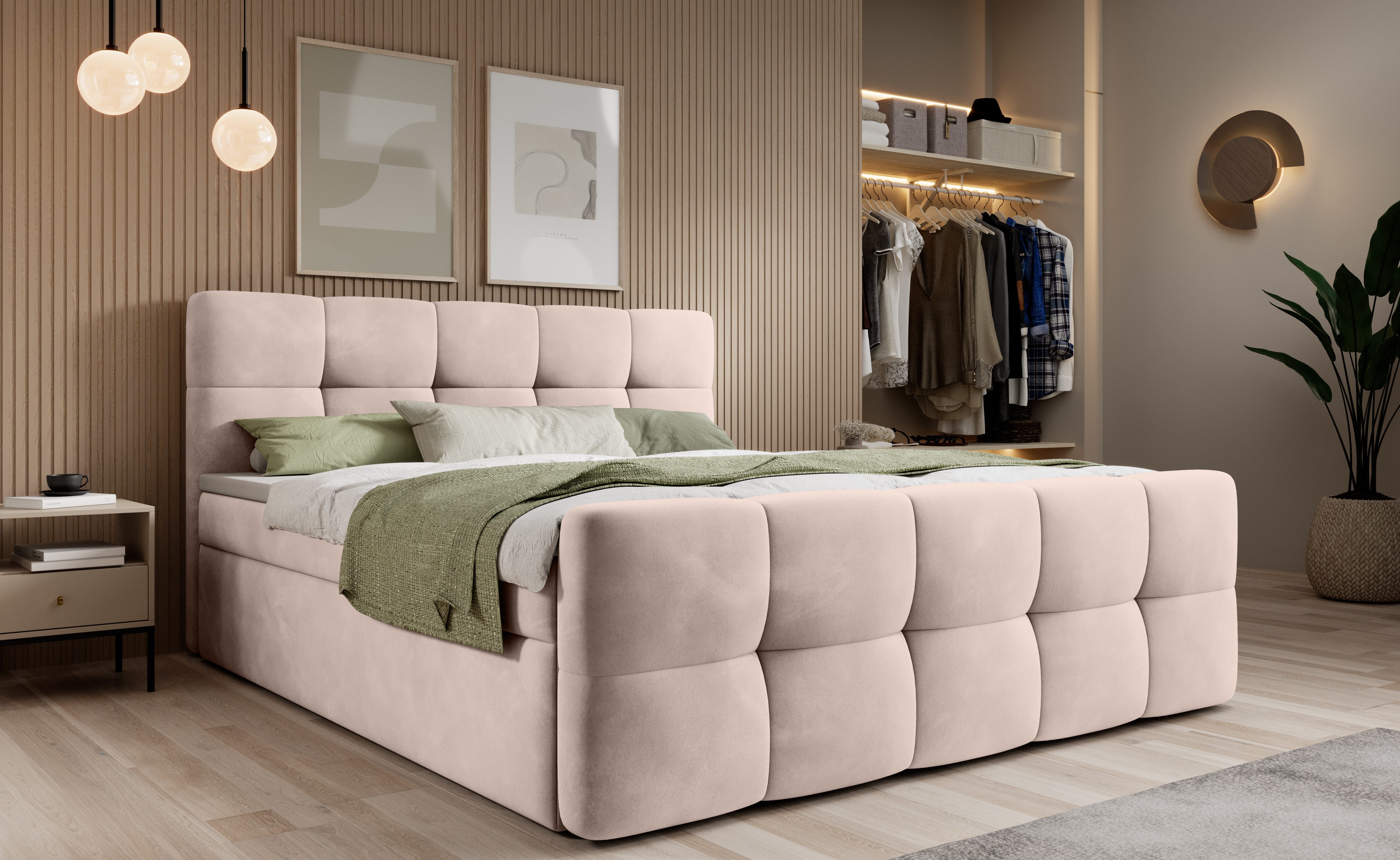 thematys Boxspringbett mit Bettkasten 140x200–200x200 cm – Velours oder Bouclé Bezug – (Polsterbett Bonnellfederkern Matratze H3 + Gratis 3cm Topper, Luxus Doppelbett mit Stauraum)