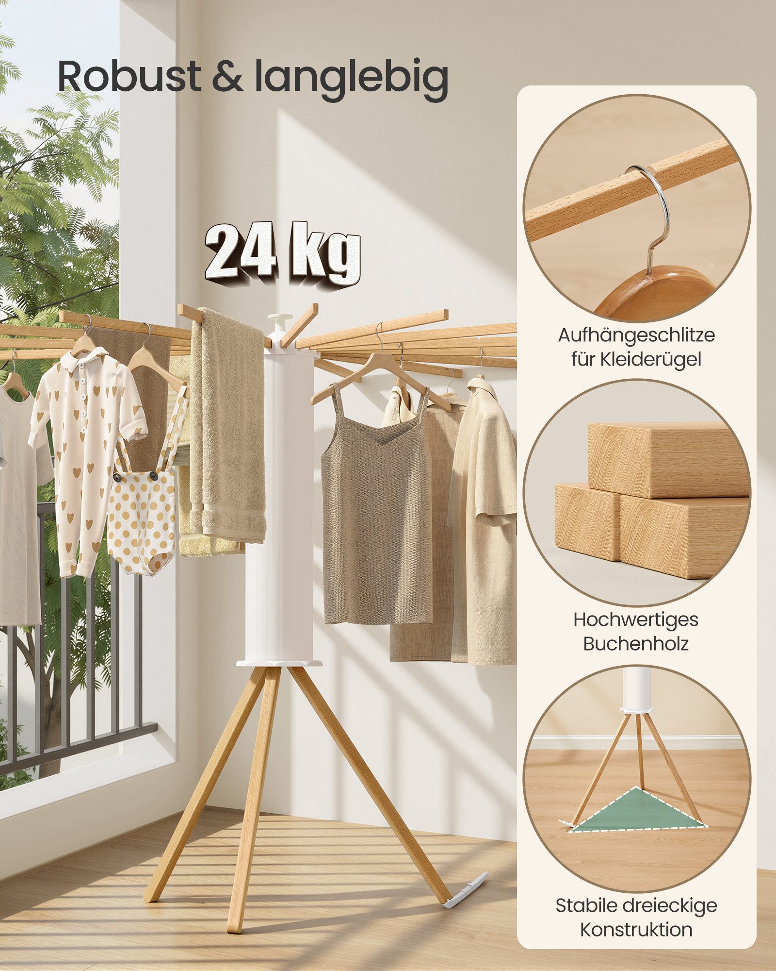 SONGMICS Wäscheständer Wäschetrockner Ständer klappbar, Wäschespinne tragbar, Waschküche Balkon, ausziehbar, drehbar, tragbar, platzsparend – Bild 5 von 5