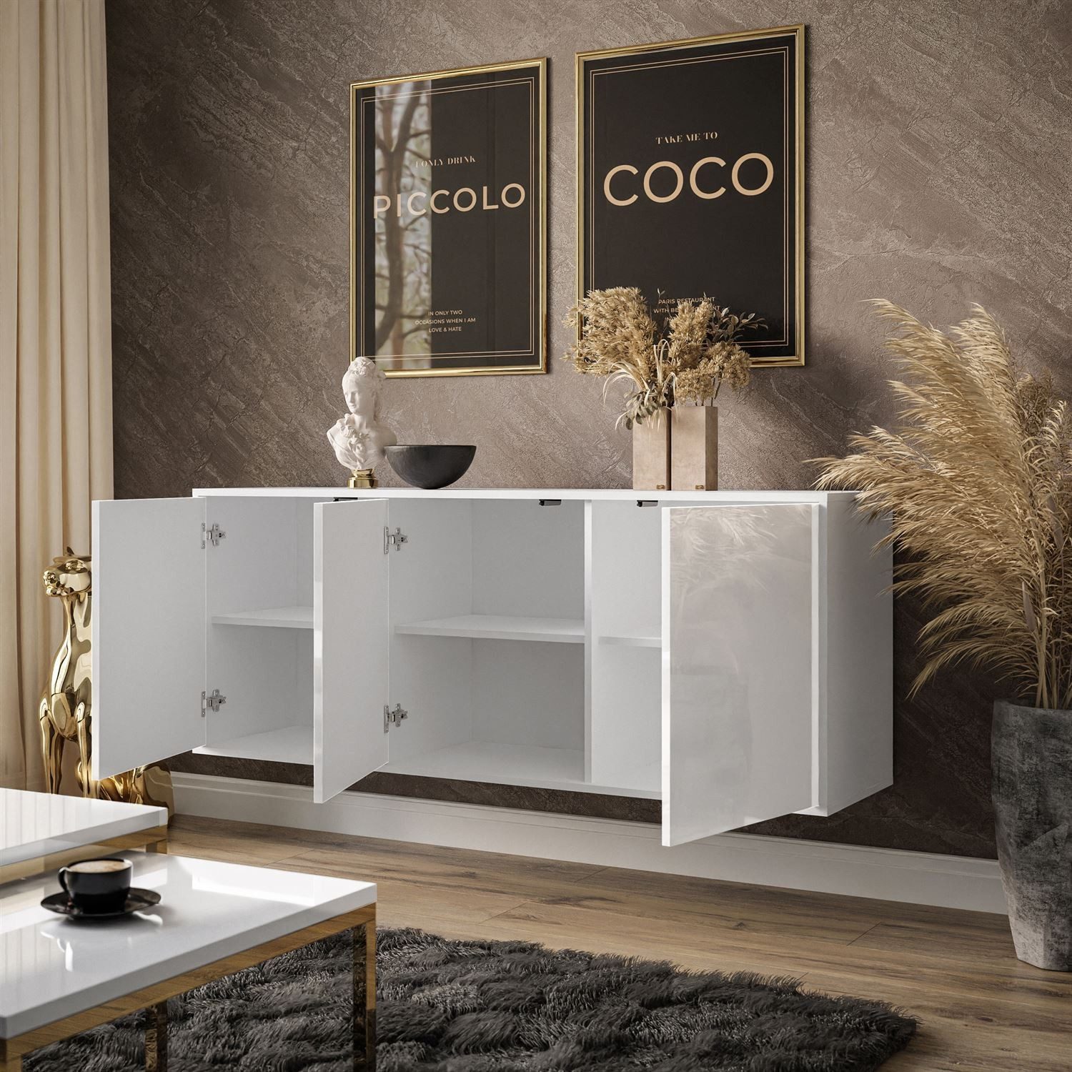 ALLHOUSE24 Kommode MANDY Dreitürige Kommode in Hochglanz Sideboard Kaschmir Weiß (1x Kommode), Breite: 154 cm
