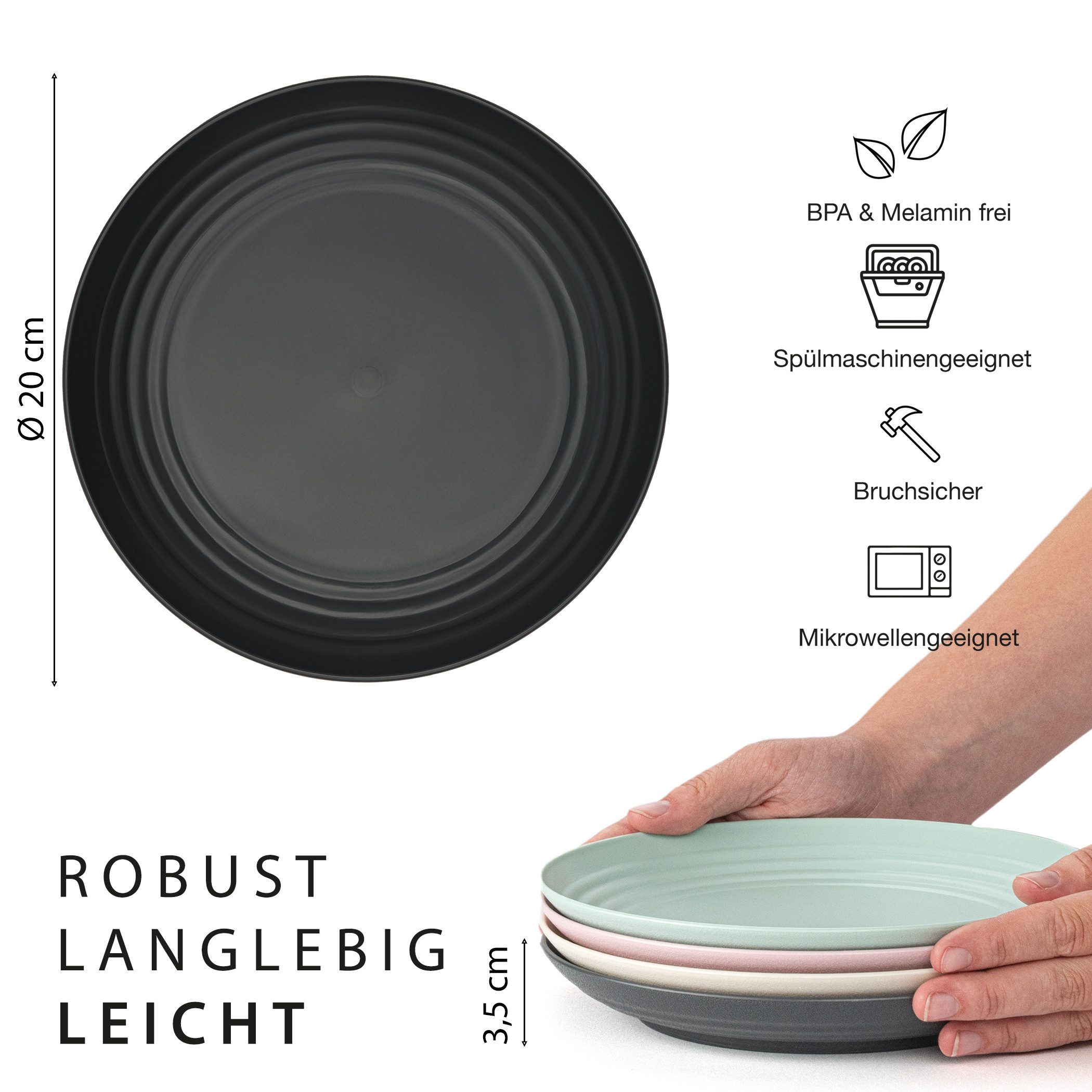 Hausfelder Teller-Set Teller Geschirr Set, Camping Teller Set 8 Personen 20 cm (8-tlg), Kunststoff, Tellerset in 4 Farben, spülmaschinengeeignet