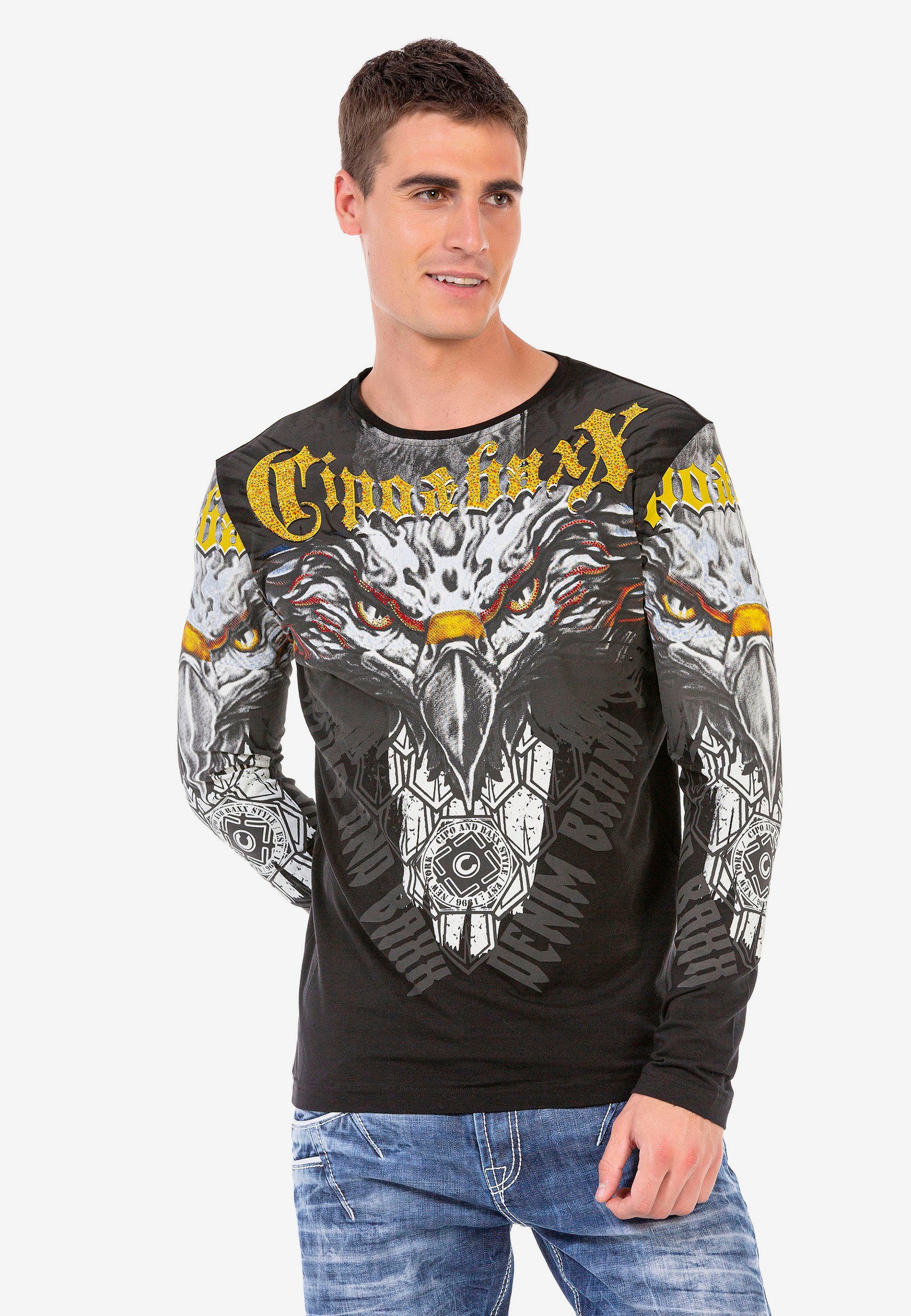 Cipo & Baxx Langarmshirt mit coolem Adler-Print schwarz | Rundhalsshirts