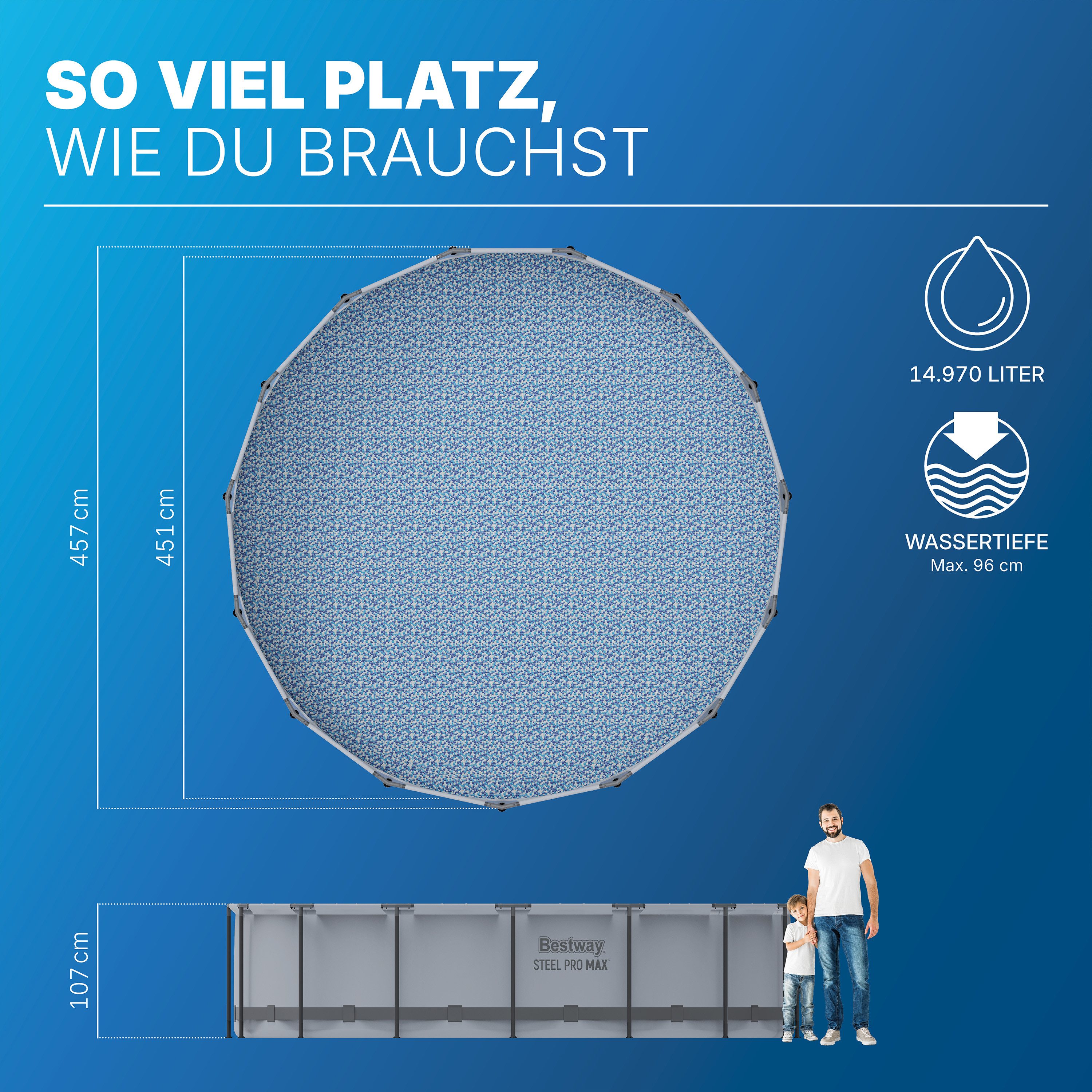 Bestway Framepool Steel Pro MAX™ (Set, Inkl. Filterpumpe, Sicherheitsleiter,Abdeckplane), Ø 457 x 107 cm