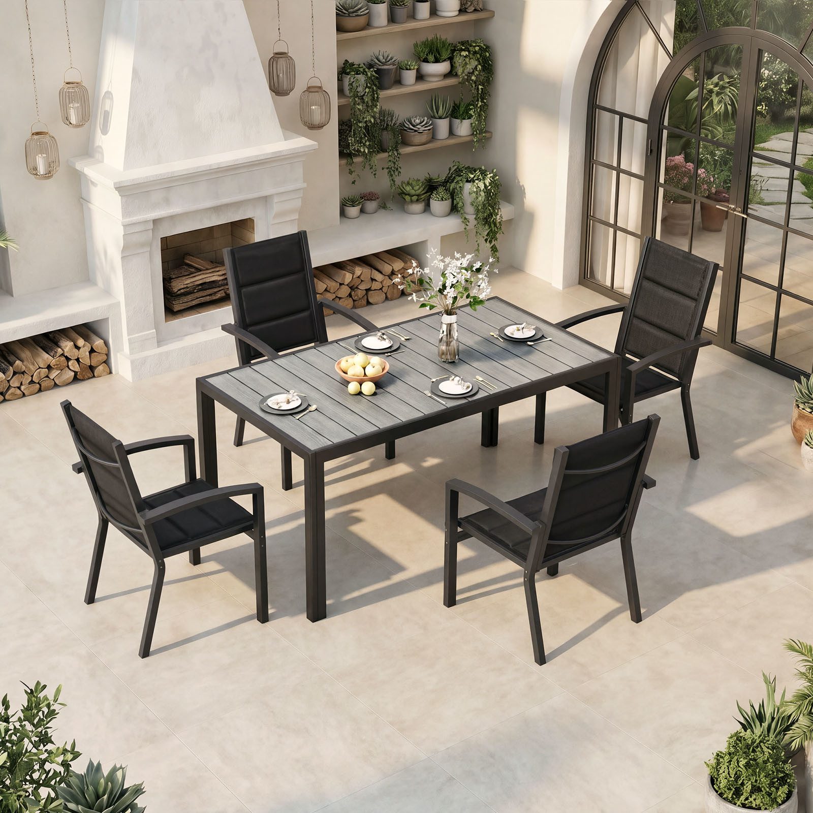 HOMALL Garten-Essgruppe 150/180cm Holzoptik Aluminiumtisch und Gartenstühle mit armlehnen, (5-tlg), Stapelbare Gartenstühle bis 160kg, rostfreier Aluminiumtisch bis 100kg