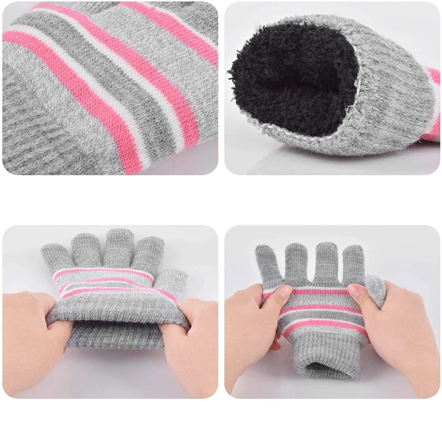 Streifen Strickhandschuhe Handschuhe pink GelldG Winterschal Warme Wintermütze Set Kinder