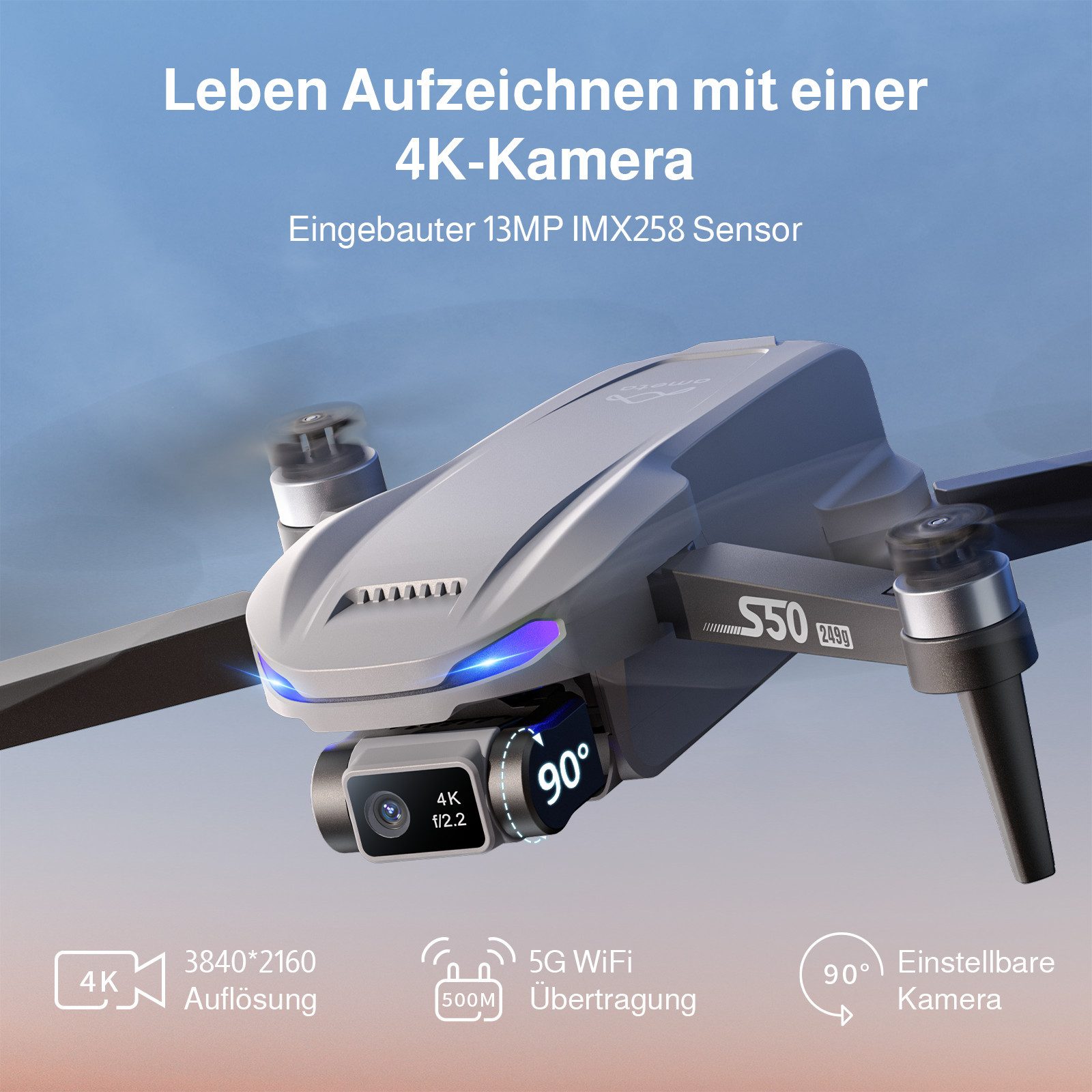 AMETA GPS FPV Drohne mit 4K Kamera, 50 Min Flugzeit, 500M Reichweite Drohne (4K@20fps, 5G-WLAN-Bildübertragung, unter 249 g, GPS-Positionierung, Auto Return, Follow Me, Intelligente Aufnahmemodi)
