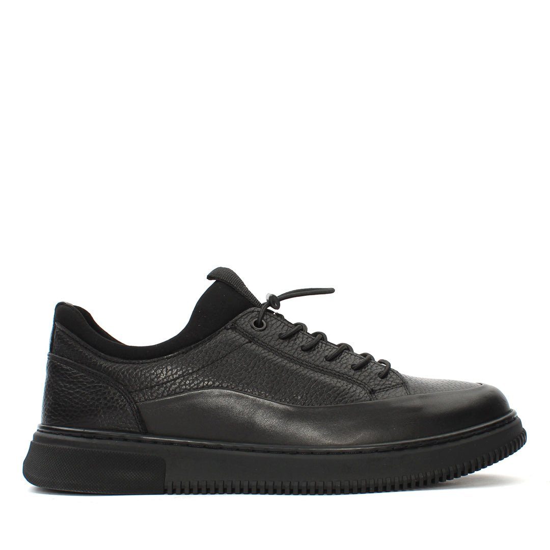 Celal Gültekin Leder-Sneaker Elastische Schnürung Plateau Casual Freizeit Herren Schnürschuh Narbenleder, Plateau-Profilsohle, Elastische Schnürung, Schwarz, 44