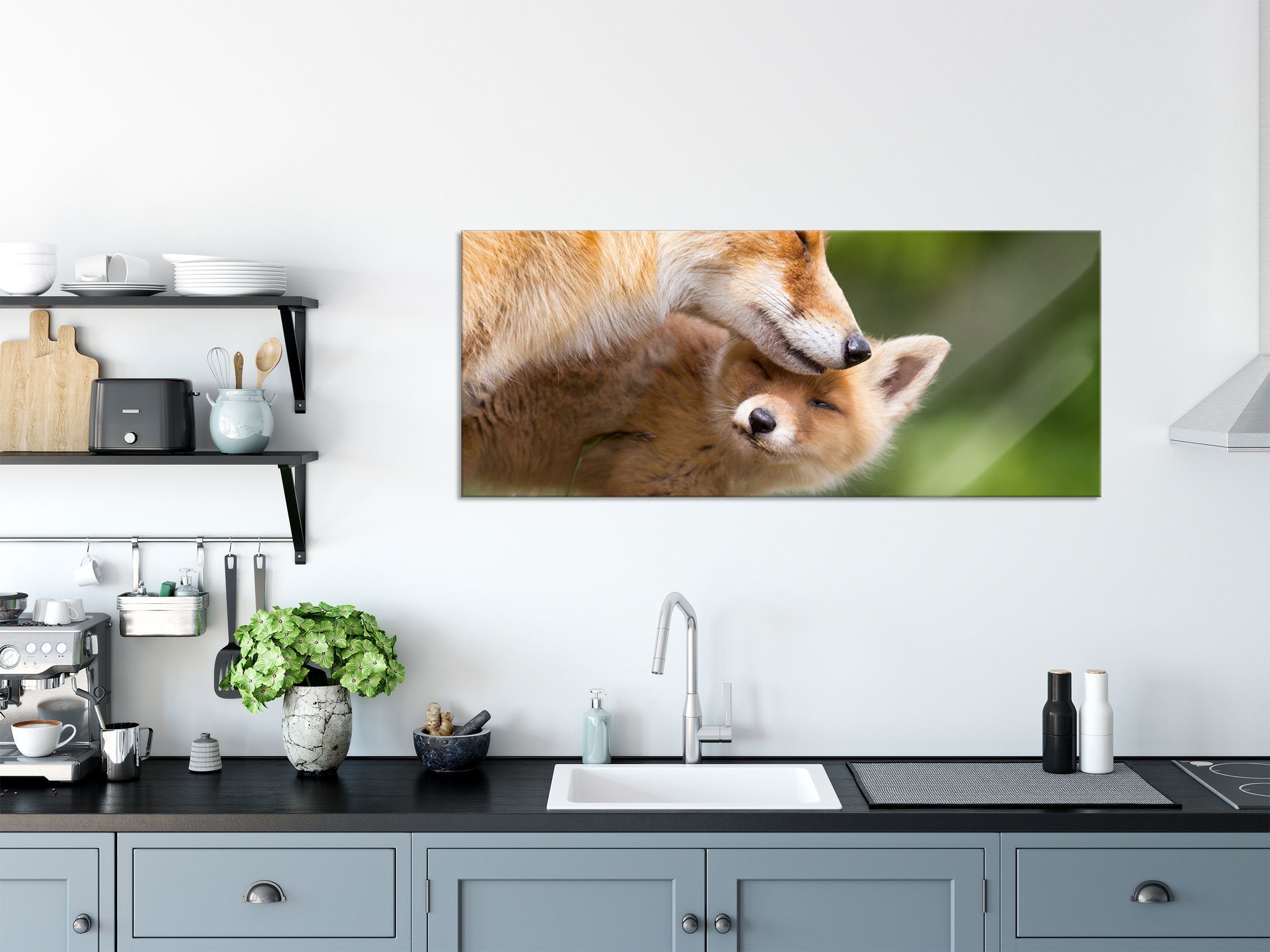 Pixxprint Glasbild und Füchse Füchse, Glasbild (1 Echtglas, Kuschelnde inkl. aus Abstandshalter Aufhängungen St), Kuschelnde
