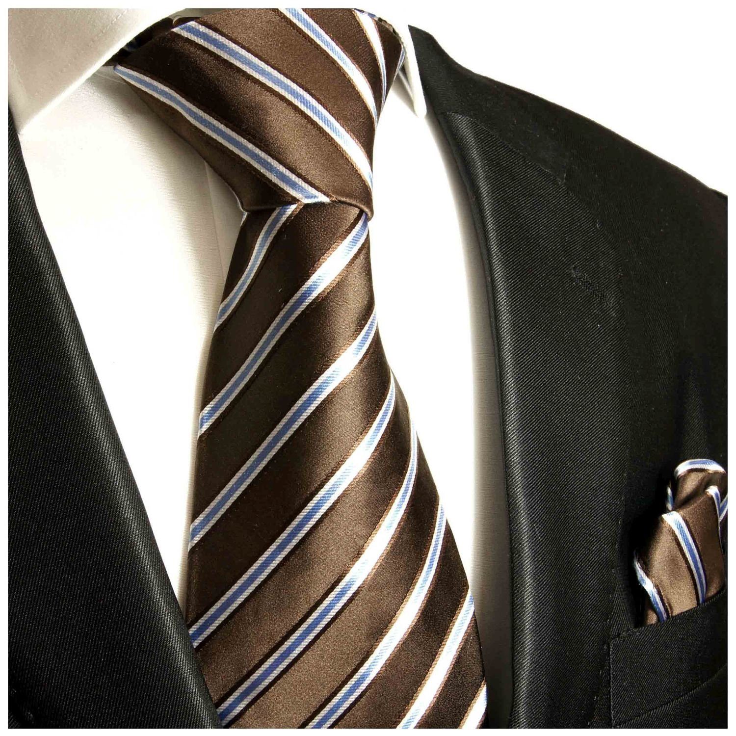 Paul Malone Krawatte Seidenkrawatte und mit Seide 100% (Set, Tuch Einstecktuch) gestreift braun Krawatte 2-St., modern Schmal Herren Schlips 724 (6cm), blau