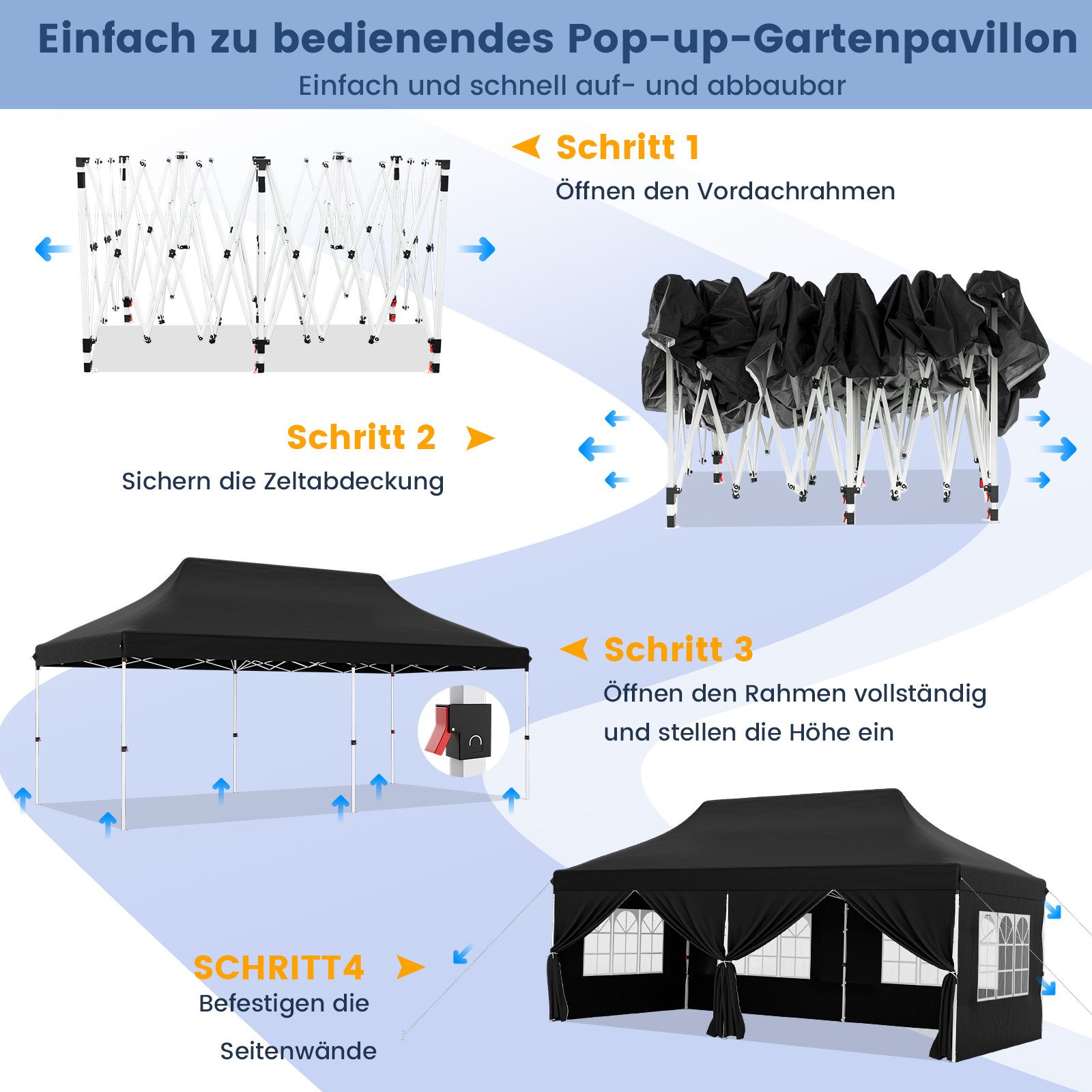 KOMFOTTEU Pavillon, Faltpavillon 3x6m, höhenverstellbar mit 6 Seitenwänden & Tragetasche