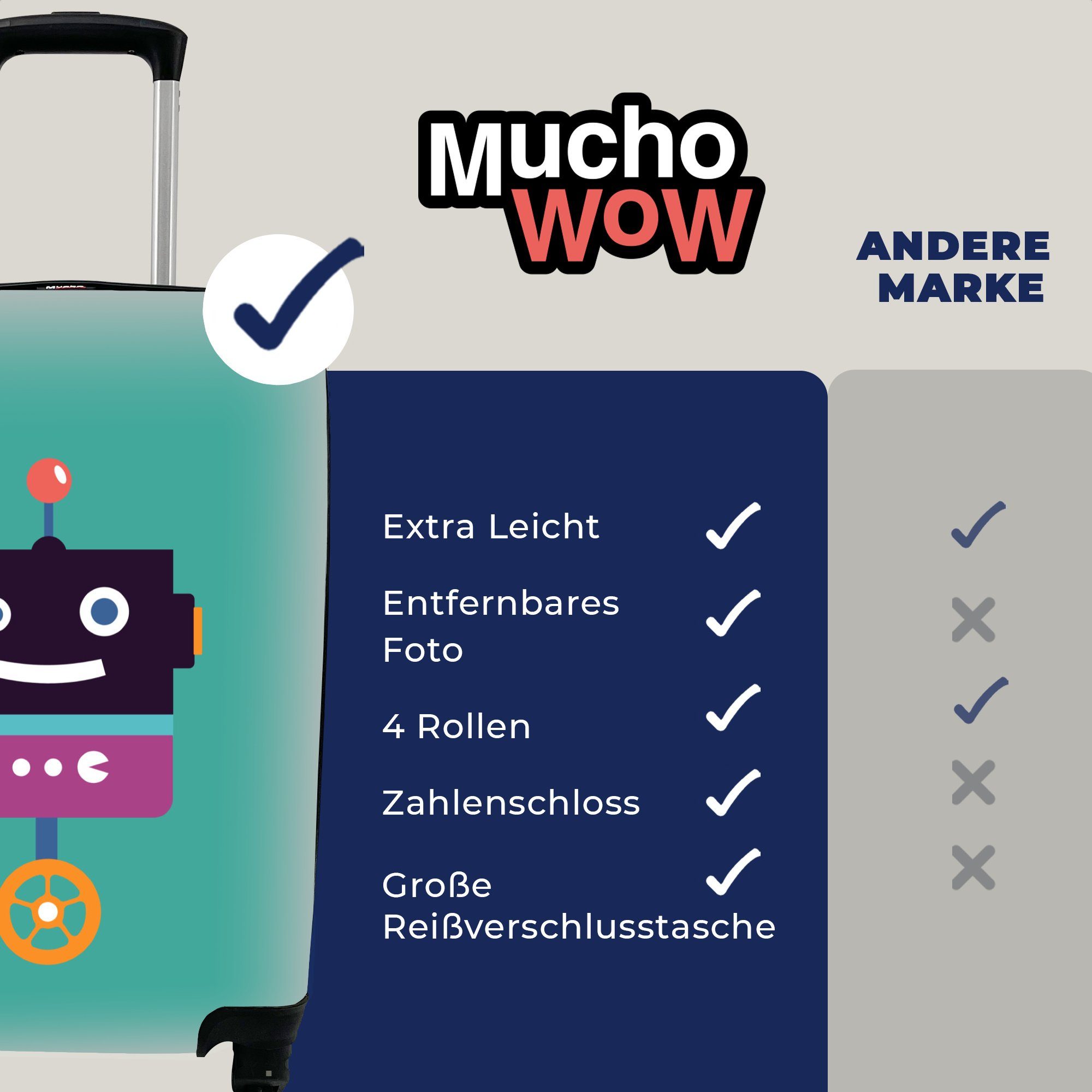MuchoWow Handgepäckkoffer Roboter - - Reisekoffer Grün Rad Jungen rollen, mit Ferien, Trolley, Handgepäck Reisetasche Kinder, Lila - Rollen, für - - 4