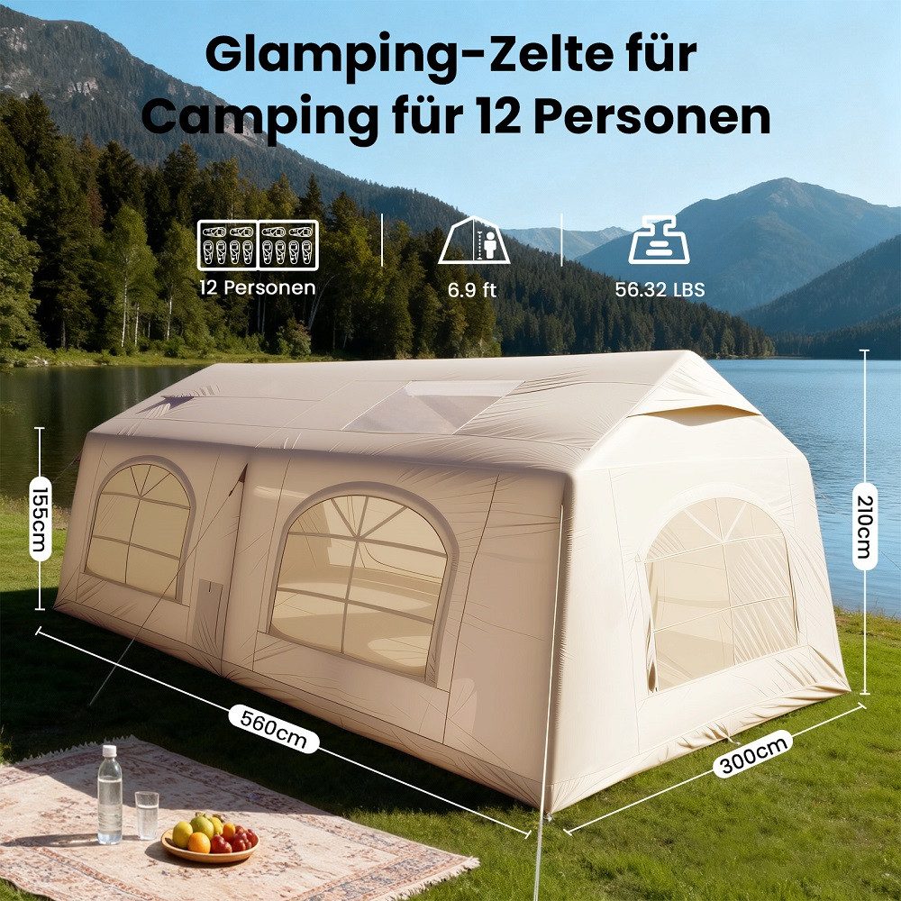Meulbaty aufblasbares Zelt Camping Zelt Sufblasbar mit Kaminöffnung & Dachfenster Vordach, Personen: 12 (1 tlg), 10-12per XXL, ohne Markise