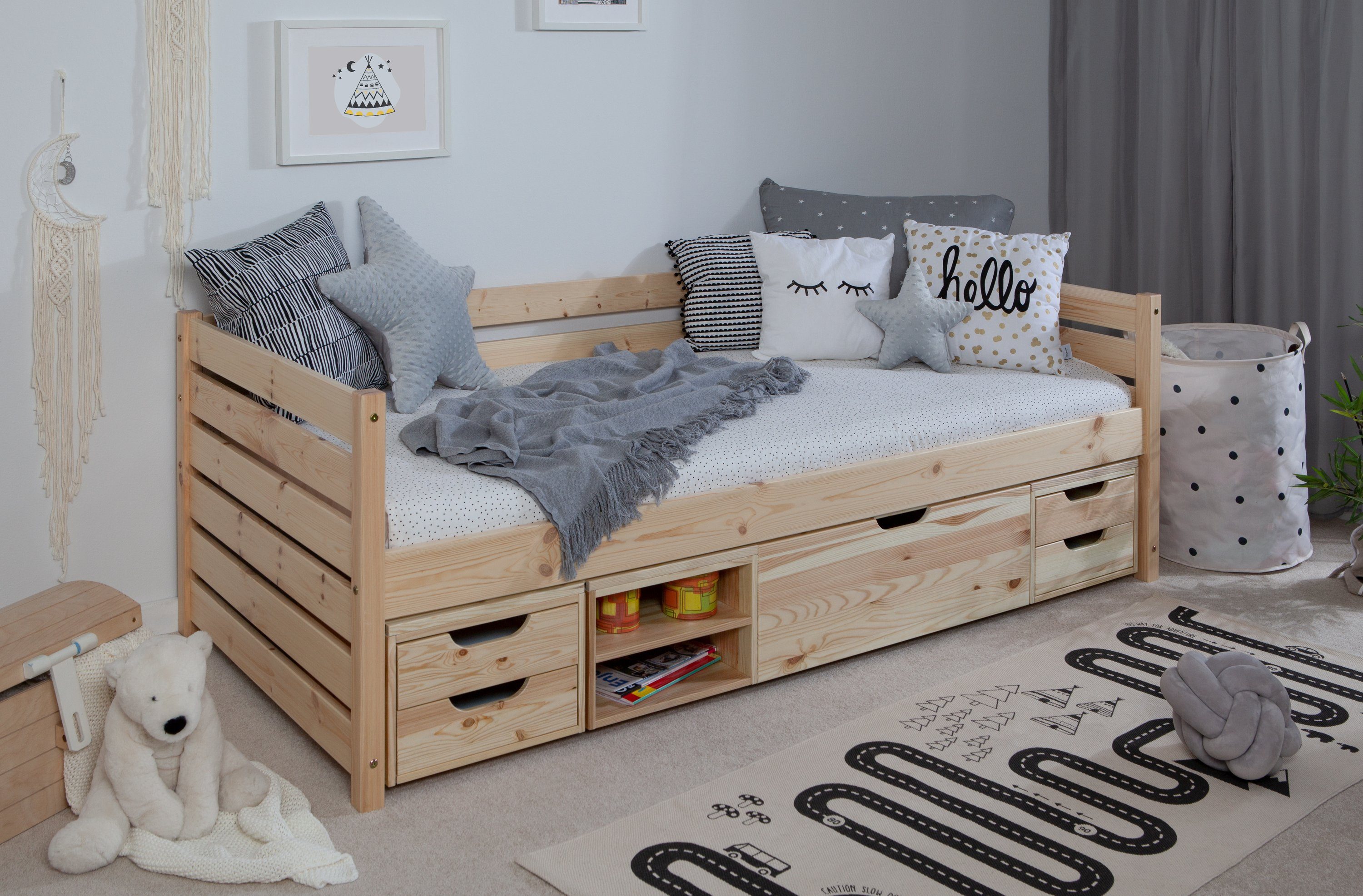Ticaa Bettgestell Sofabett Naomi inkl. Funktionsschubkästen, 90x200, Inkl. Funktionsschubkästen auf Rollen
