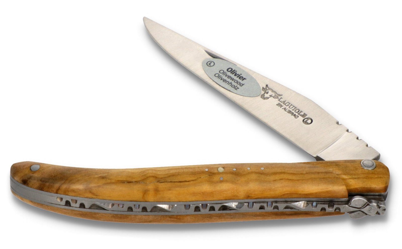 Laguiole en Aubrac Taschenmesser L0511OLIF, Griff 11cm Olivenholz (plein manche) - Feder verziert - Stahl matt