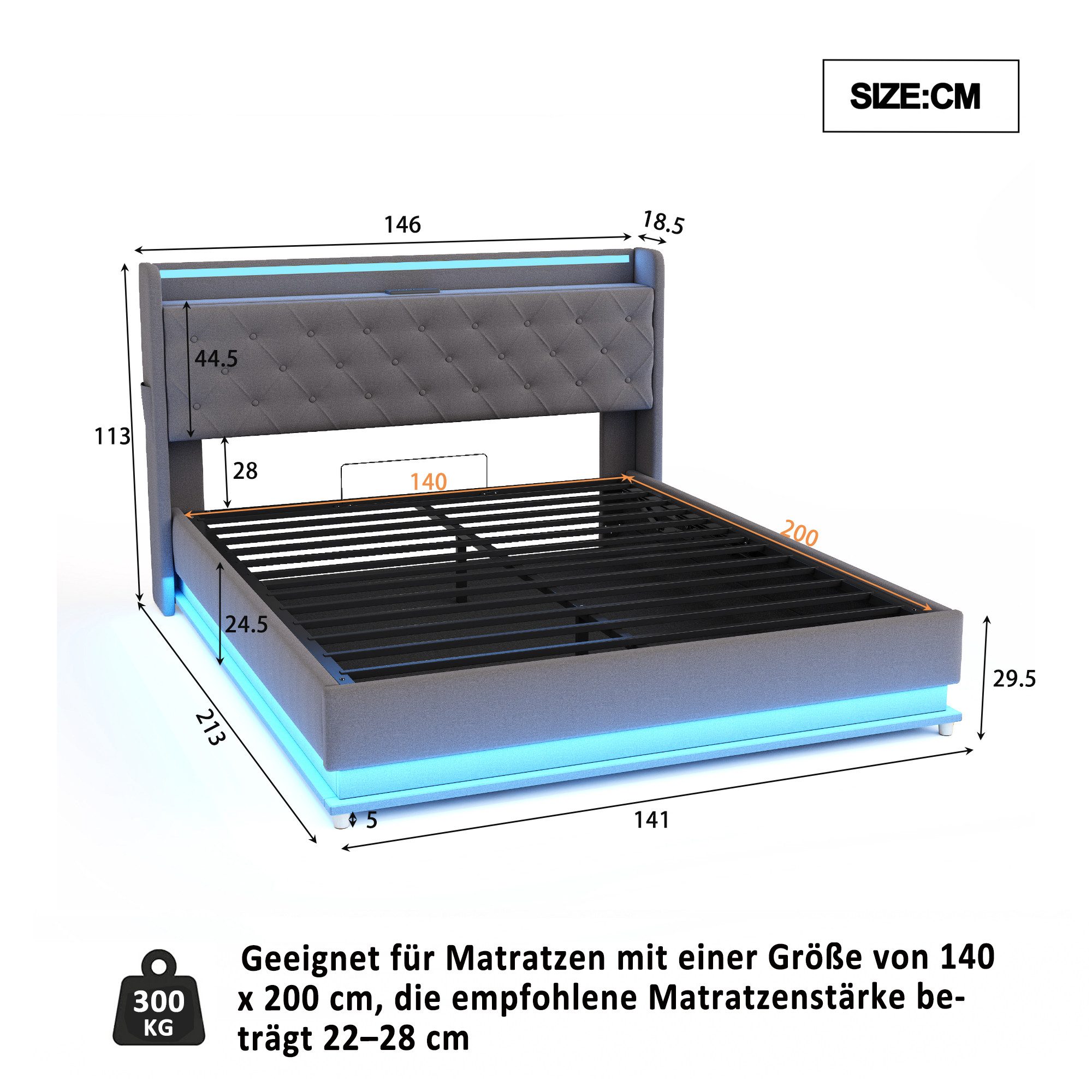 Celya Polsterbett LED Doppelbett mit USB-Ladeanschluss und Hydraulischer La günstig online kaufen