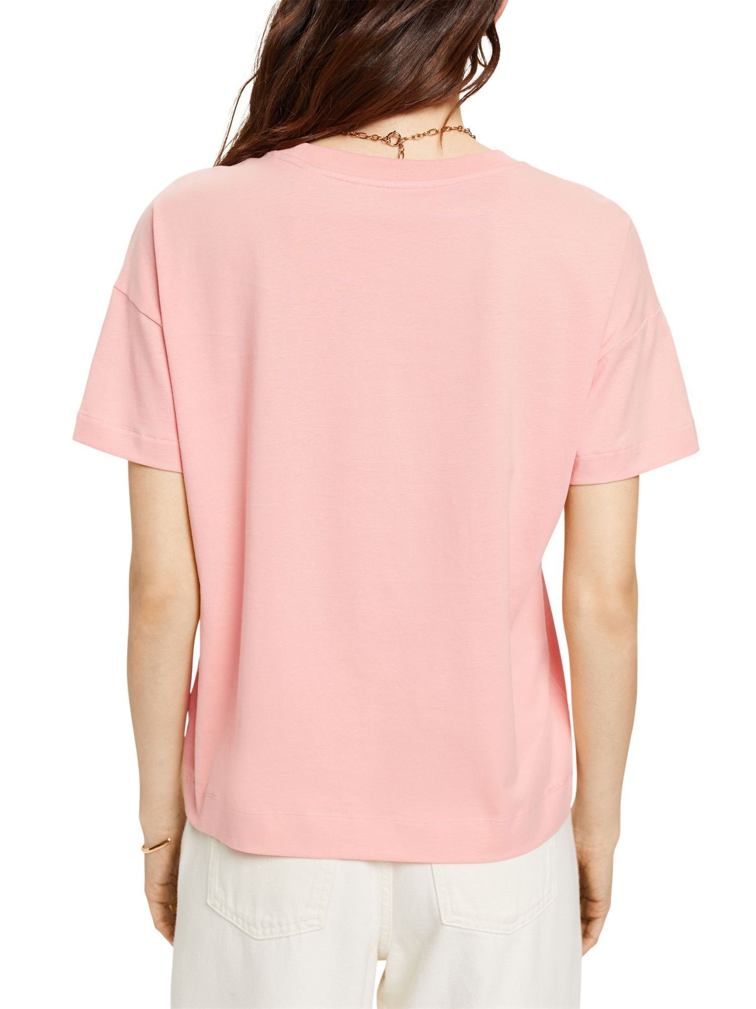 Esprit T-Shirt (1-tlg) auf floralem mit Brust Print PINK edc T-Shirt der by