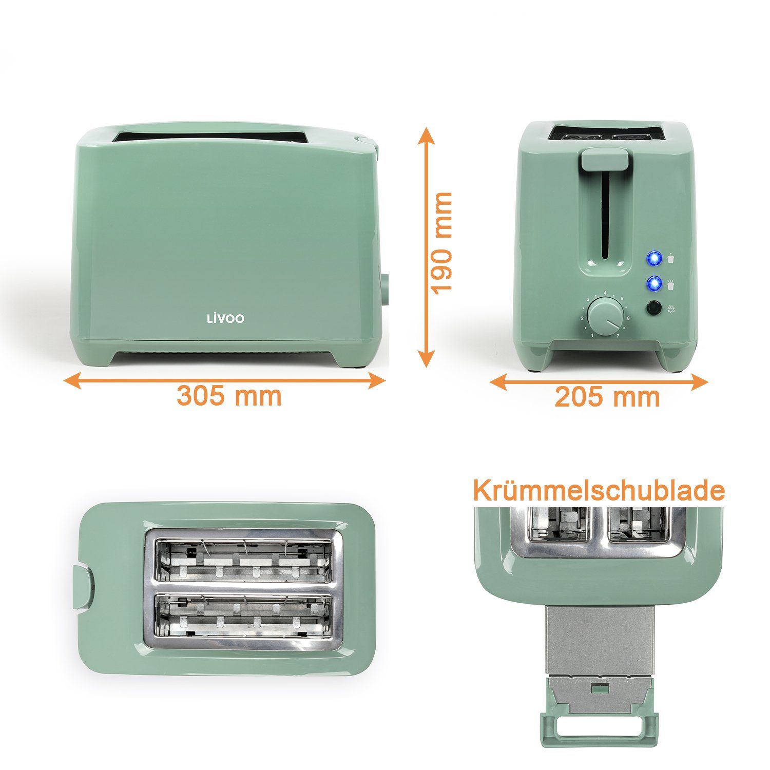 LIVOO 750 Toaster 2-Schlitze W Toaster Krümelschublade LED LIVOO Toastautomat