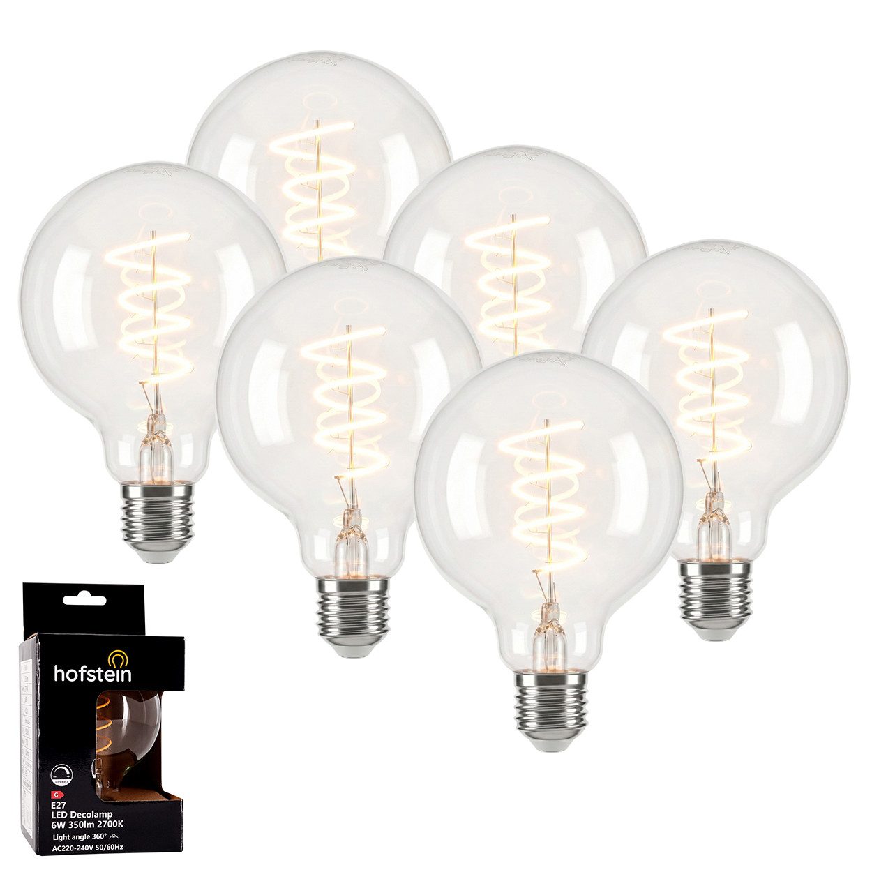 hofstein LED-Leuchtmittel 6er Set Glühbirne Warmweiß dimmbar 6 Watt, E27, 2700 Kelvin, 350 Lumen, Globe Vintage, Filament Spirale, Klar