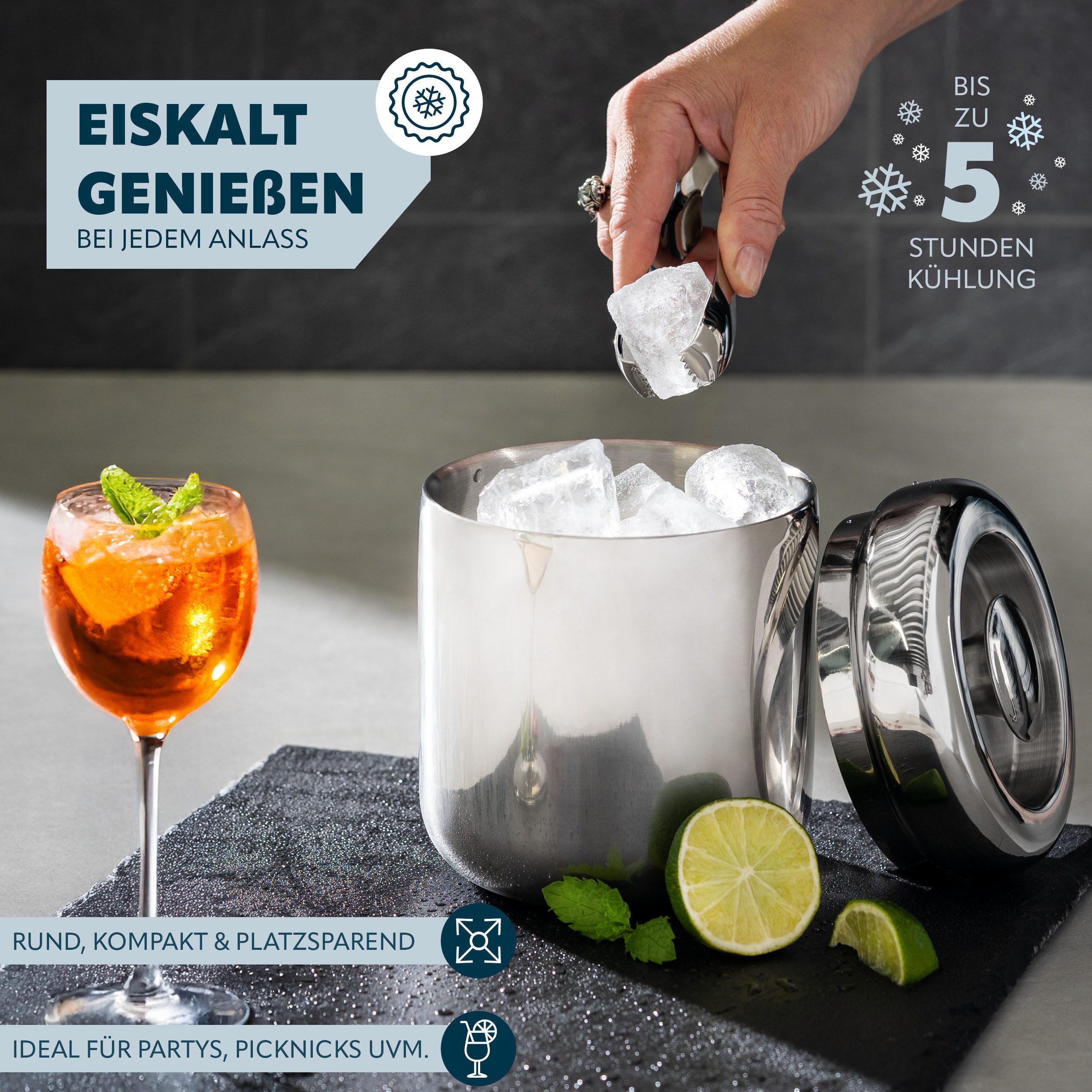 bremermann Eiswürfelbehälter Edelstahl-Eiskübel mit Deckel 1,5l, rund, Edelstahl, mit Zange