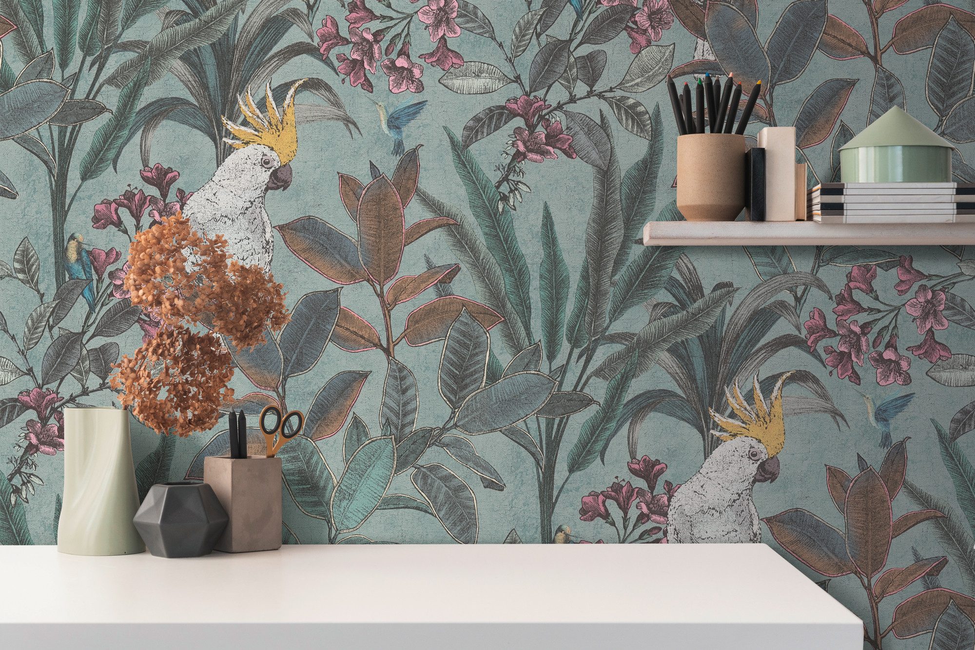 A.S. Création Vliestapete PintWalls II Dschungel-Tapete Mustertapete Papagei Tiere, strukturiert, matt, (1 St), Vliestapete Tiere für Schlafzimmer Küche Wohnzimmer Dschungel Design