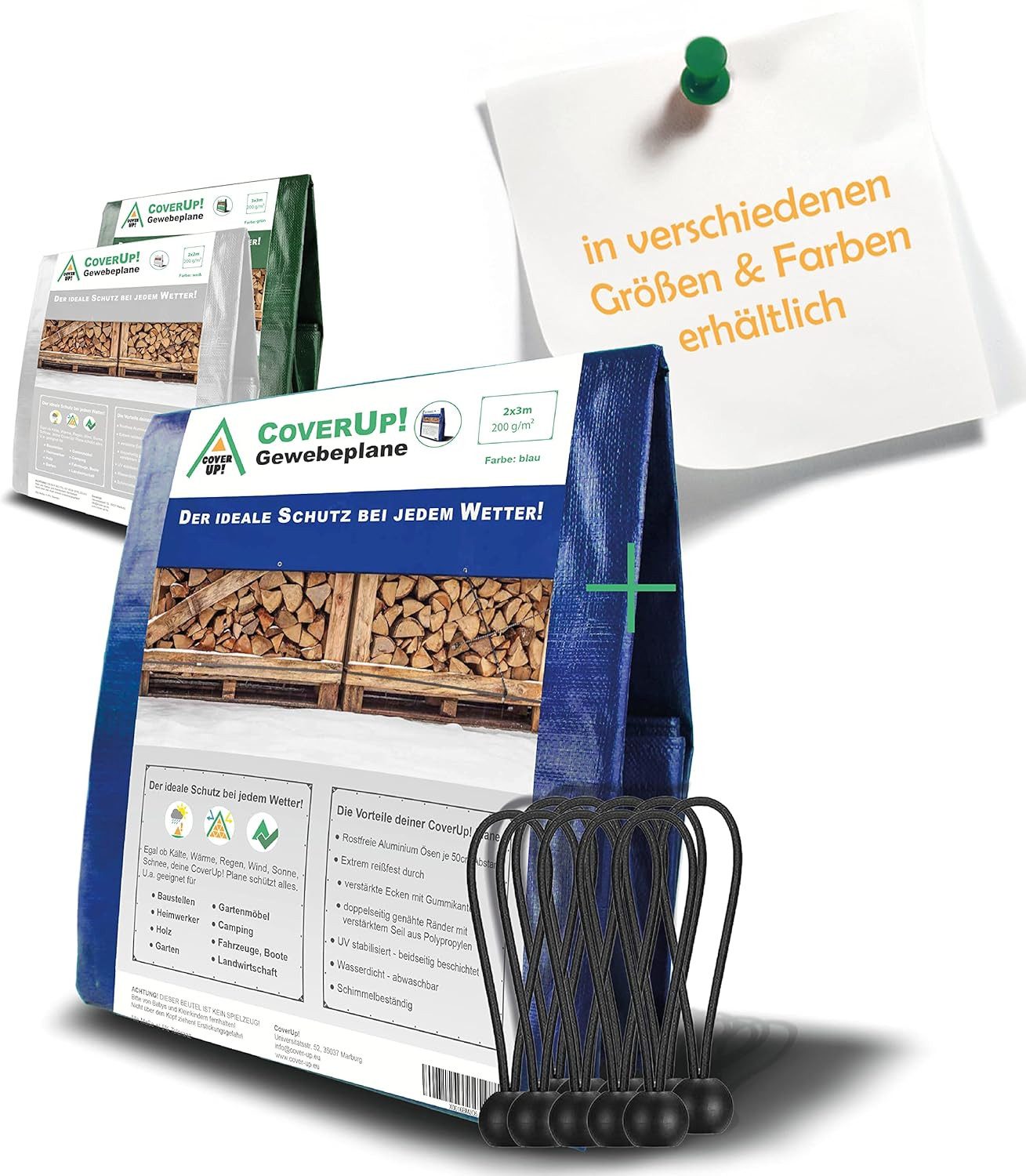 COVERUP! Schutzplane Abdeckplane Wasserdicht, 200g/m² Gewebeplane mit Ösen (Plane Wasserdicht mit Verstärkte Gummiecken -, UV-Schutz für Gartenplane, Bodenplane), inkl. Planenspanner