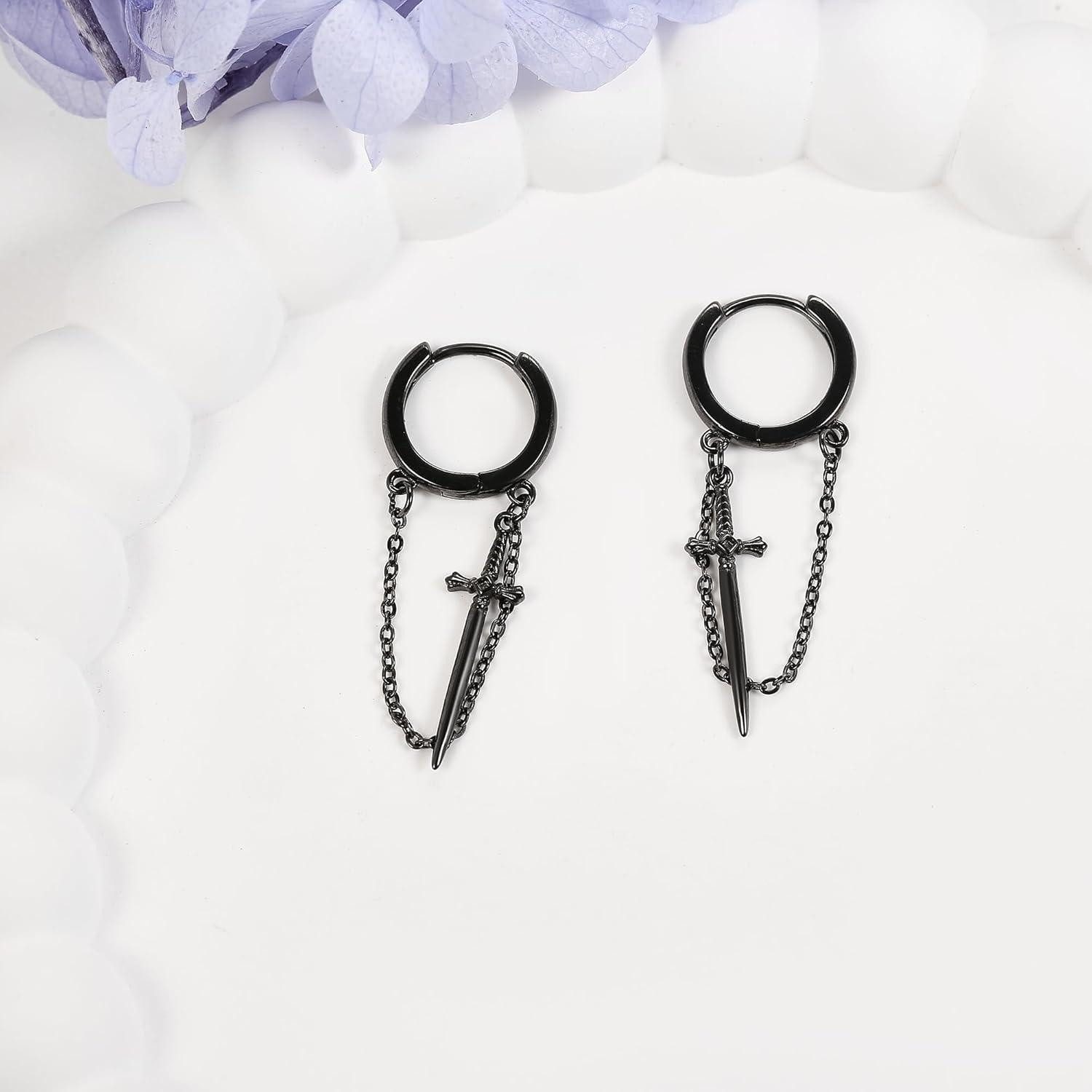 LuxusKollektion Paar Ohrhänger Schwarze Schwert Ohrringe Sterlingsilber Quasten Creolen Gothic