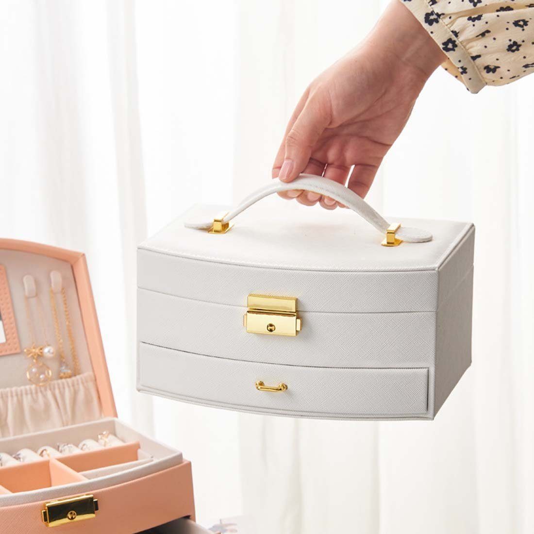 Damen-Schmuck-Aufbewahrungsbox, abschließbare Weiß für Schmucketui Mehrschichtige, Ohrring-Schmuck LENBEST Schubladen-Aufbewahrungsbox
