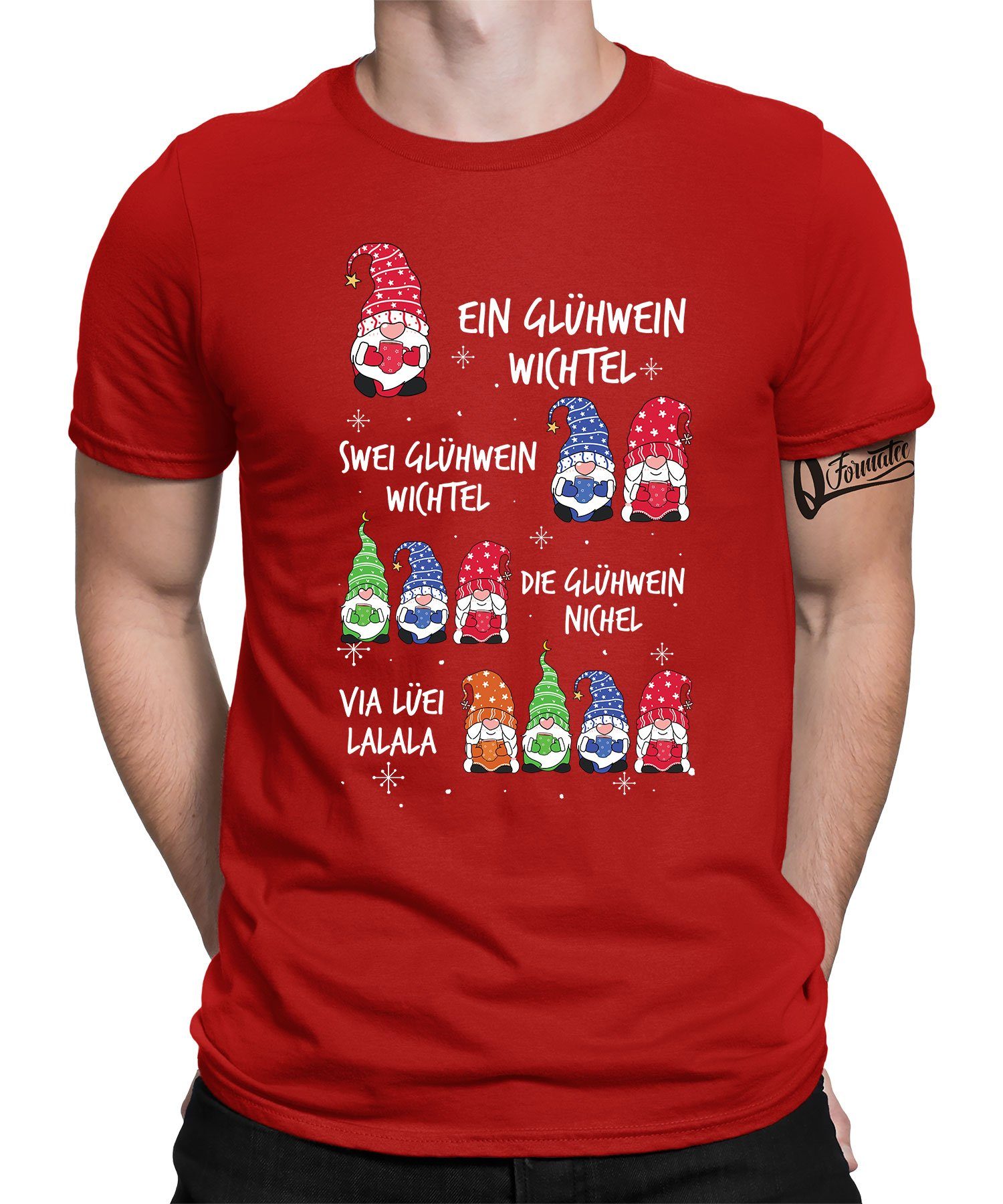 Quattro Formatee Kurzarmshirt Wichtel Gnom Zwerg Glühwein - Weihnachten X-mas Christmas Herren T-Shi (1-tlg) Rot