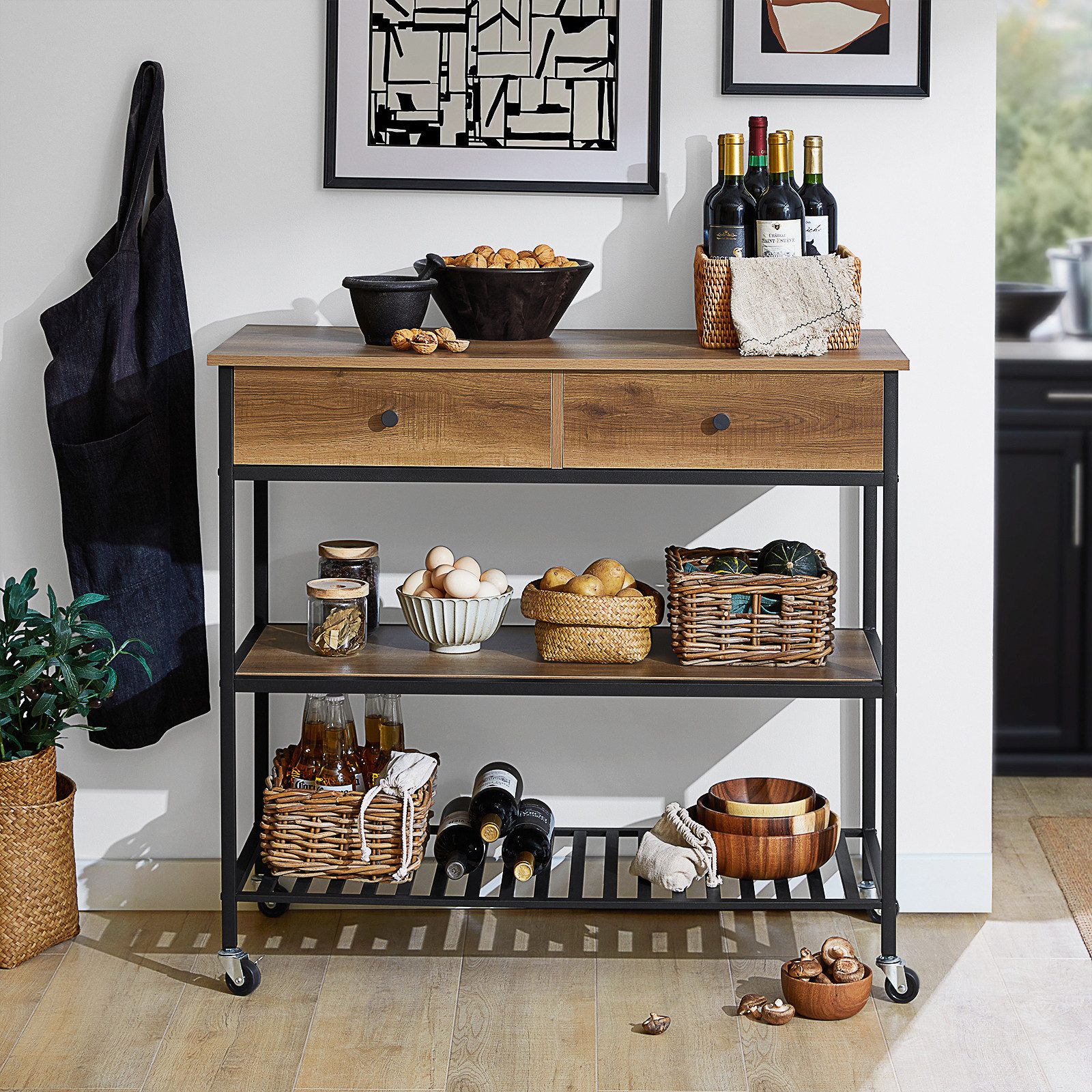 SoBuy Küchenwagen FKW112, Sideboard Beistelltisch mit 2 Schubladen Nischenwagen, Servierwagen Küchenregal mit 4 Rollen Kücheninsel Flurschrank