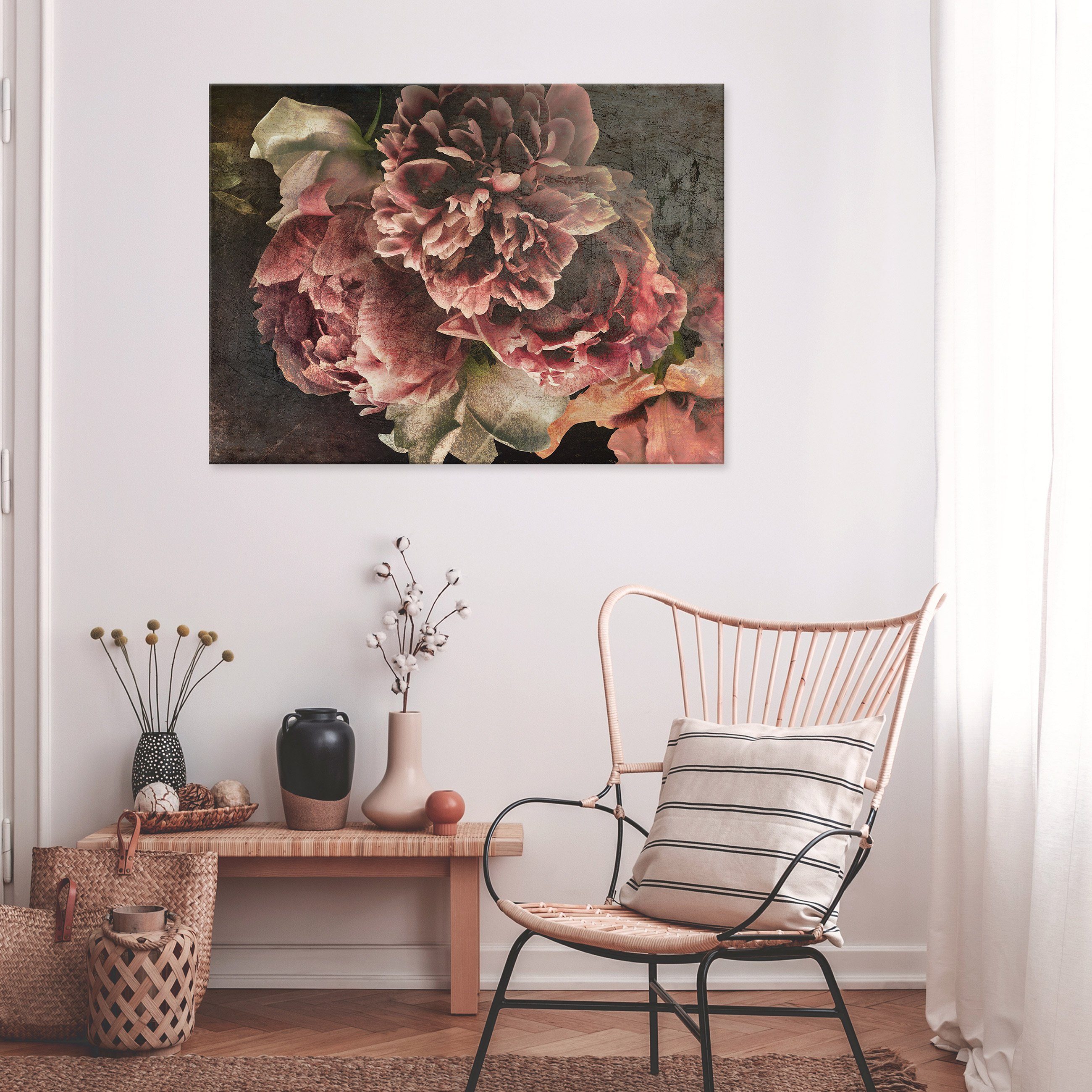 Wallarena Leinwandbild Blumen Pfingstrosen Vintage Kunst Wandbild XXL Leinw günstig online kaufen