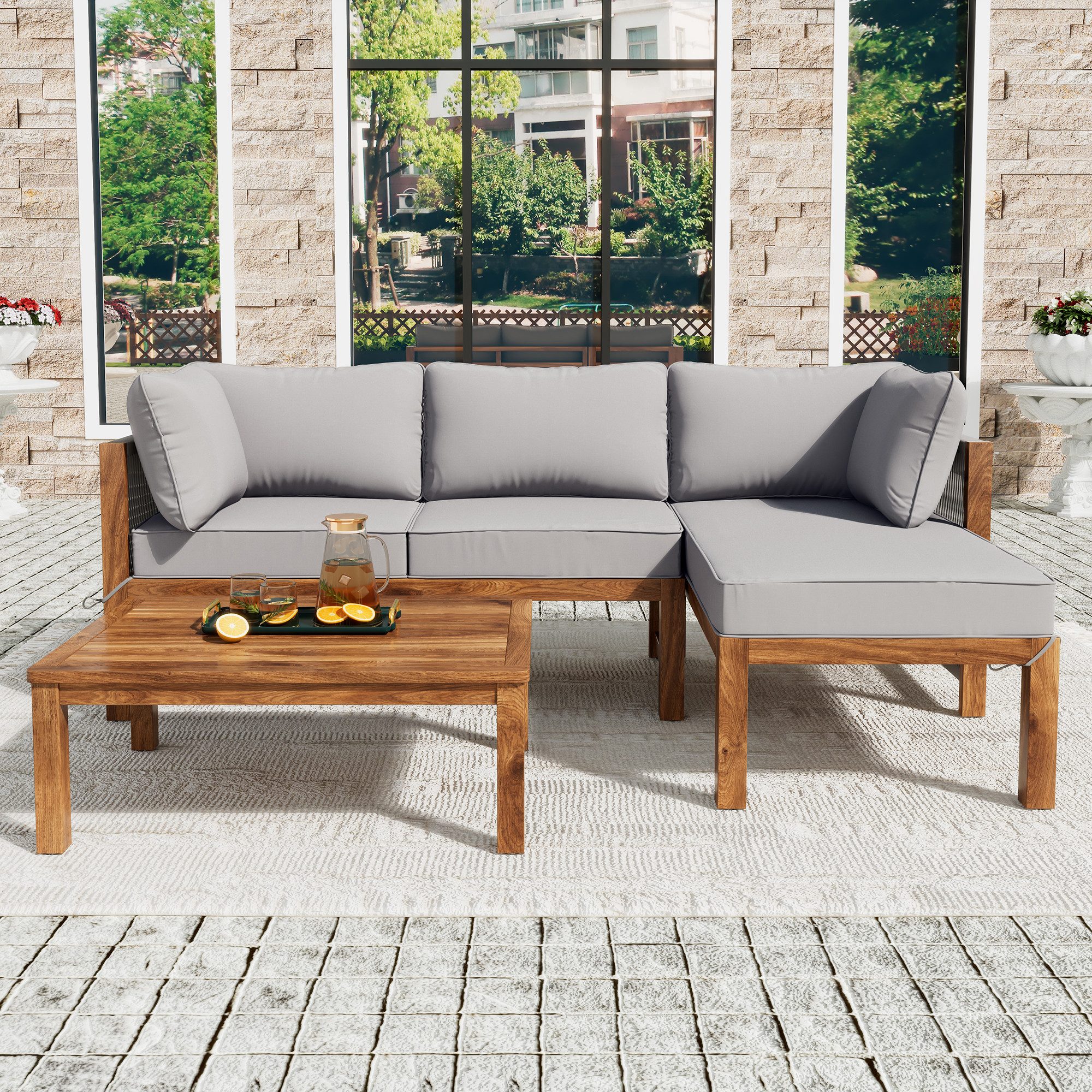 Merax Gartenlounge-Set für 4 Personen, (3-tlg., 2 Eckbänke, 1 Couchtisch), Gartenmöbel Set aus Akazie, Sitzgruppe Rope Seil Lounge Balkonset