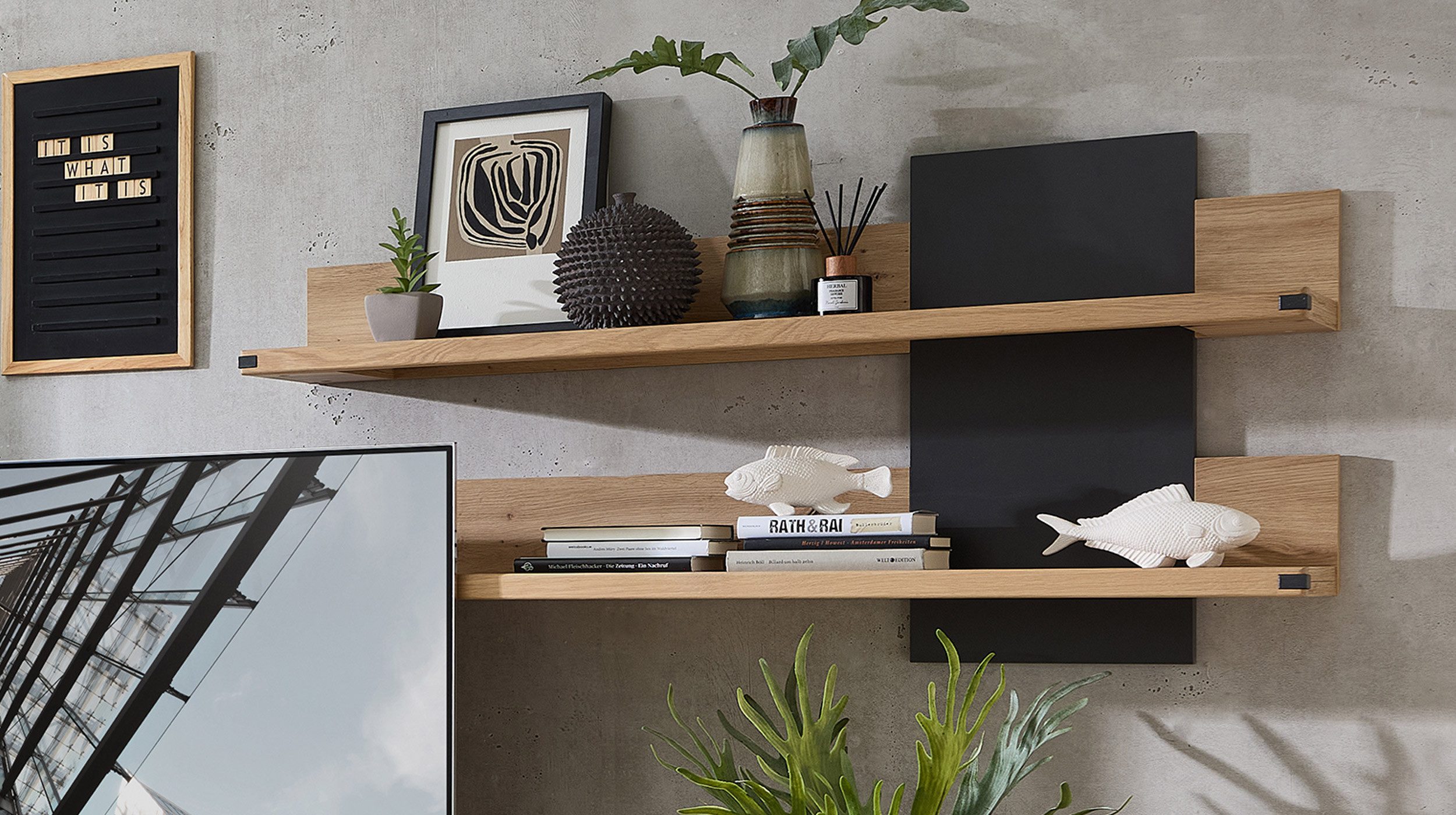 Massivart® Wandboard CATANIA 120 cm Breite / Massivholz Wildeiche, Wandregal / 2 Ablageflächen / Artisan Eiche Holzdekor - graphit