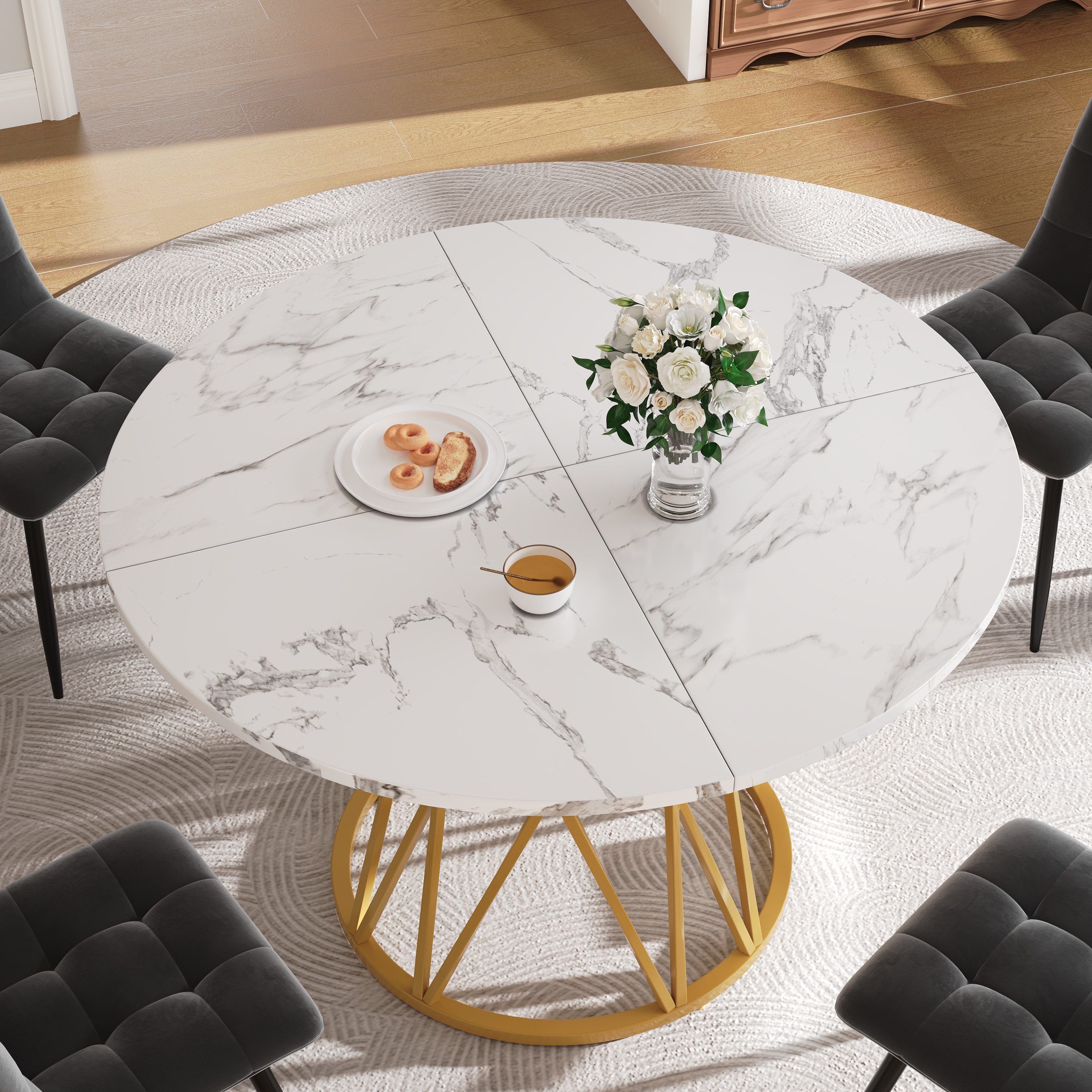 MODFU Essgruppe Stylisches Esstisch,Esszimmerstühle,Esstisch-Set, (Moderner runder Esstisch 100×100×76 cm mit verstellbaren Metallbeinen, hochwertiger MDF-Marmor-Tischplatte & hoher Tragfähigkeit., 1-tlg)