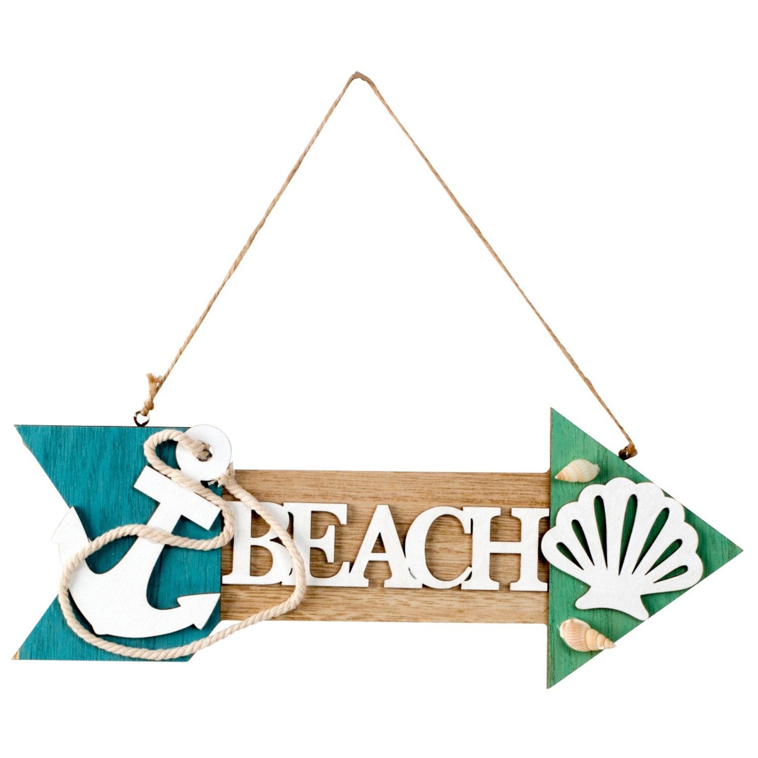 KARMA Wanddekoobjekt Dekoschild Beach Holz 29 cm maritim Wandschmuck Anker Muschel Seil (Dekoholzschild Holzdeko Strandschild Strand, Hängeschild Küste Sommerdeko Holzschild), Vintage Wanddeko Badezimmer Balkon & Terrasse