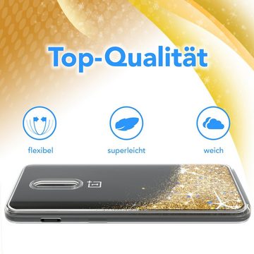 EAZY CASE Handyhülle Liquid Glittery Case für OnePlus 6T 6,41 Zoll, Durchsichtig Back Case Handy Softcase Silikonhülle Glitzer Cover Gold