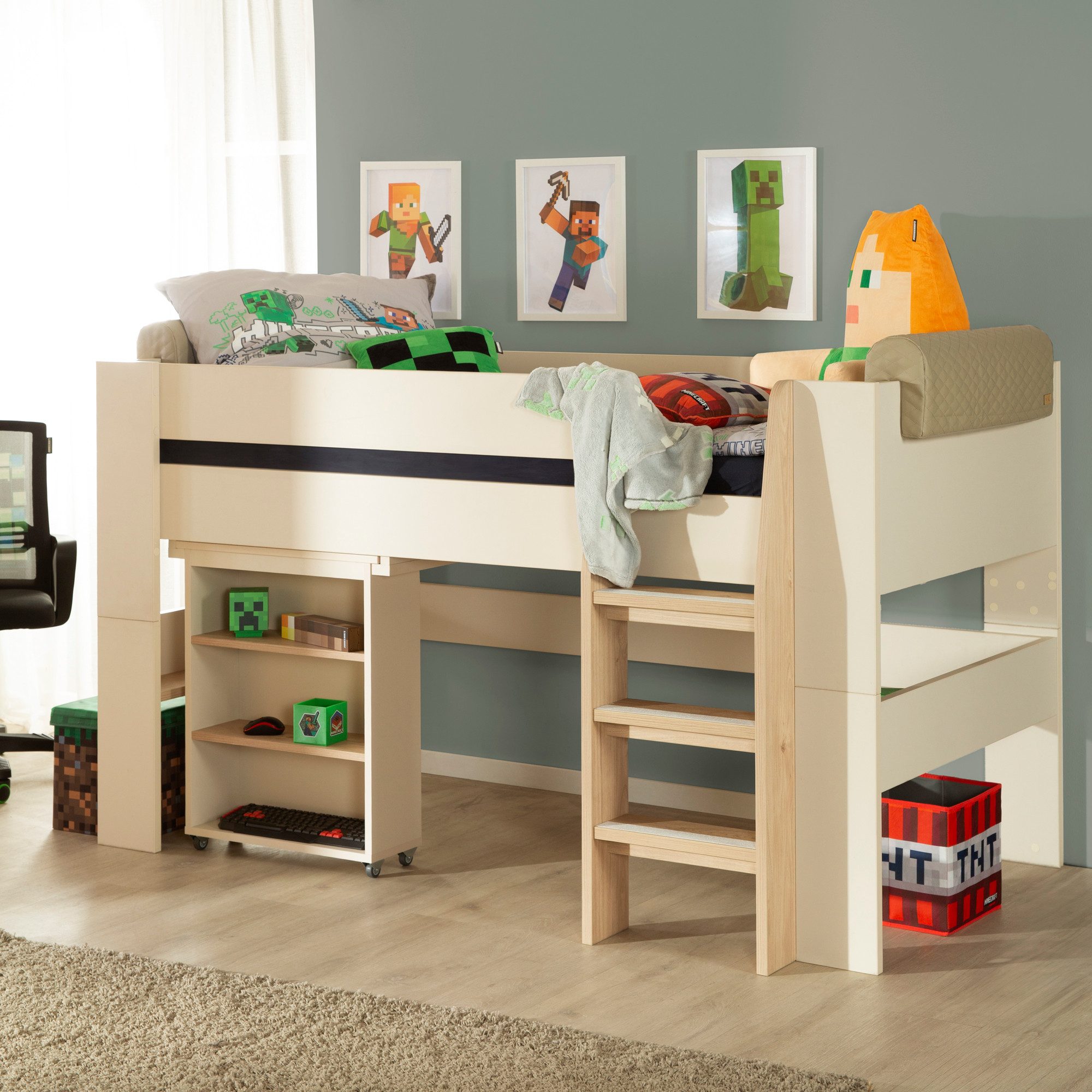 roba® Hochbett Flexi Grow 90 x 200 cm aus Holz - moderne Scandi Optik (Made in Europa - Blauer Engel - mit Stauraum & Sicherheitsgeländer) halbhohes Hochbett mit ausziehbarem Schreibtisch - Beige / Cashmere
