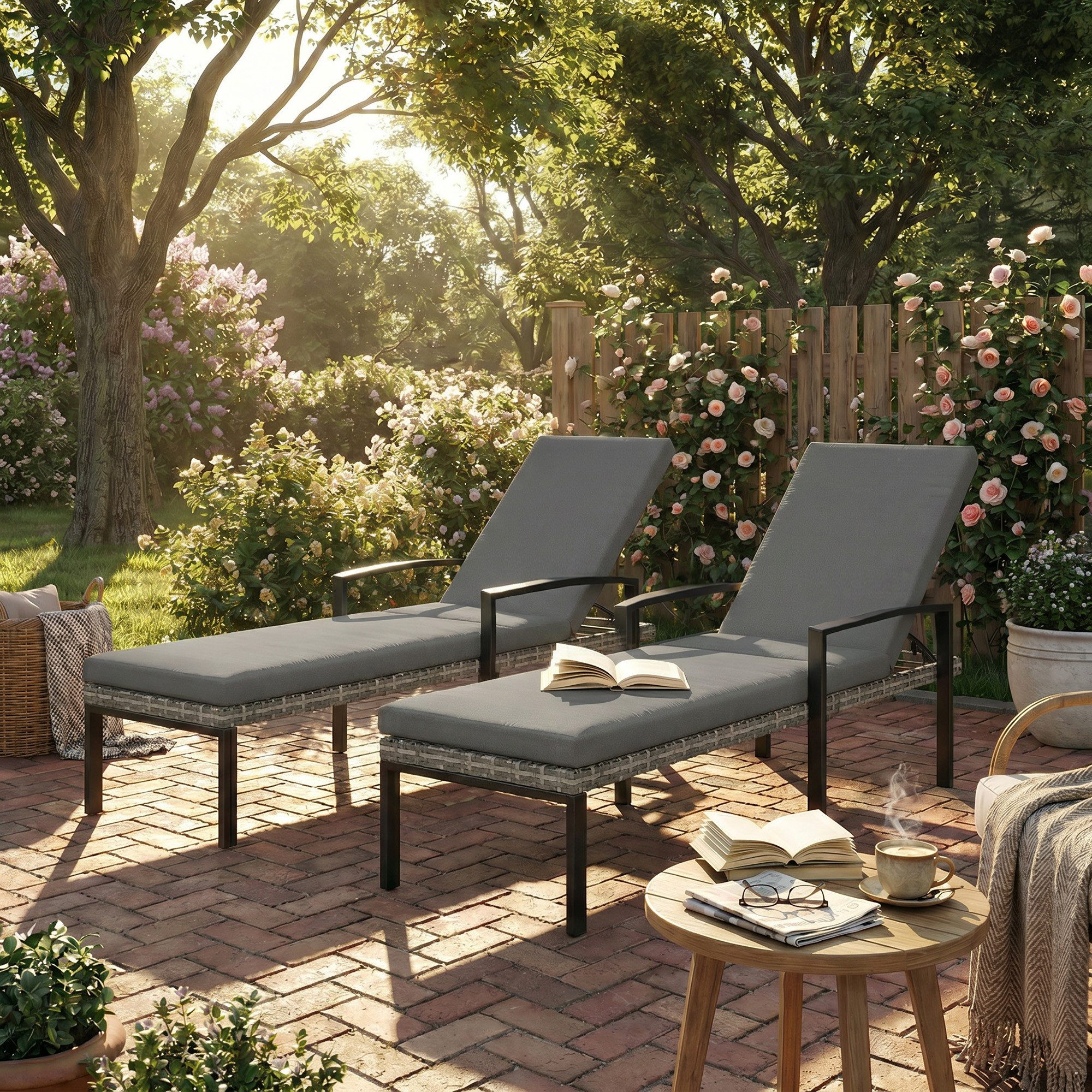 Outsunny Gartenliege mit 5-Fach verstellbar Rückenlehne, abnehmbar Auflage, Liegestuhl, 2 St., Sonnenliege, für Garten Pool Strand Hellgrau