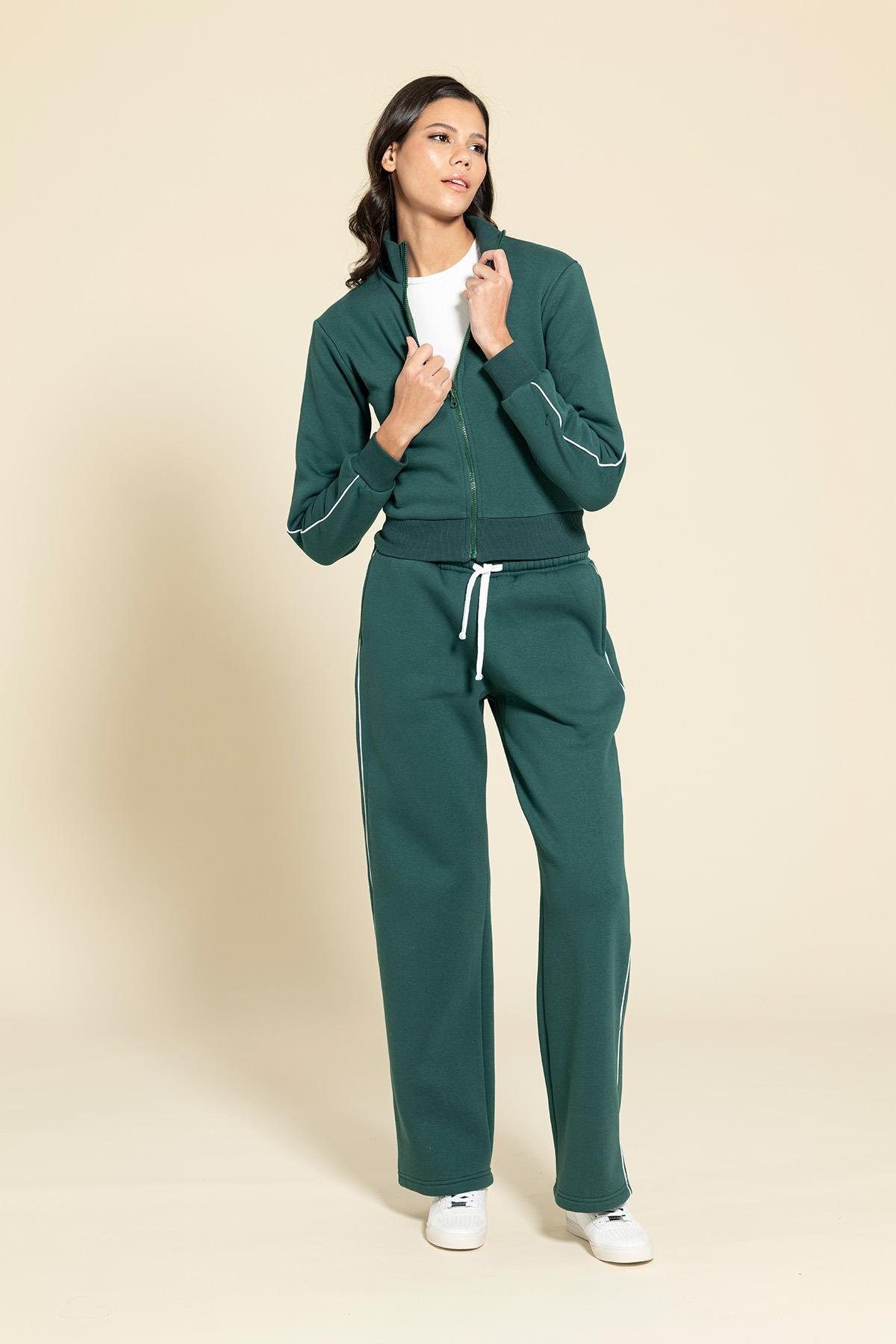 For You Moda Trainingsanzug Grünes Zip-Up Trainingsanzug Set mit Biye-Detail - 2 Teile