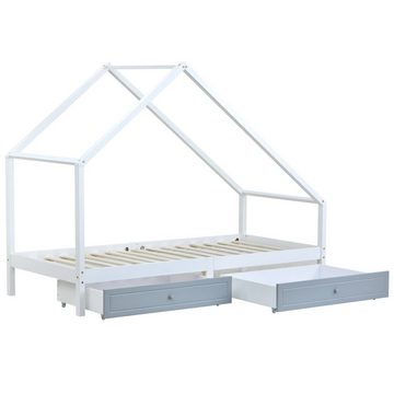 Merax Hausbett (2-tlg), mit 2 Schubladen, Kinderbett 90x200cm aus Massivholz