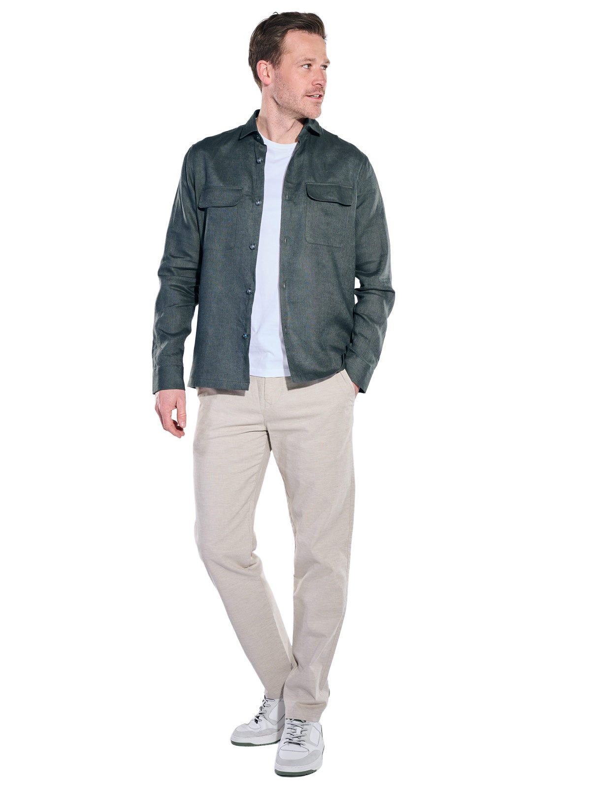 ENGBERS GERMANY Langarmhemd Herren Overshirt aus Leinen, Oliv