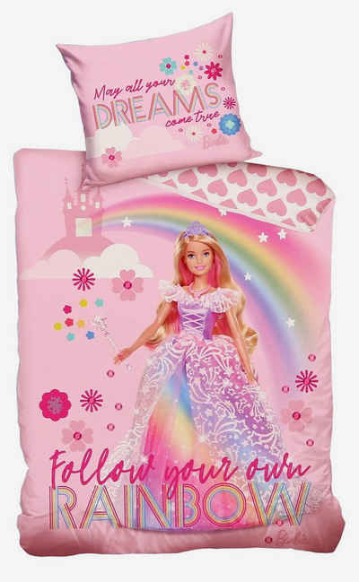 Kinderbettwäsche »Barbie Bettwäsche 135x200cm«, Barbie, Rosa mit Barbie und Rainbow Design