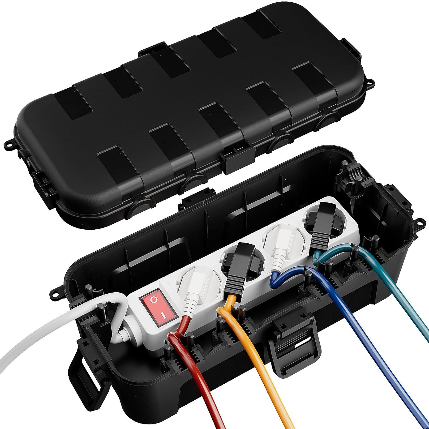 AIMAX Kabelbox IP54 für Außenbereich, 29 x 13,2 x 10 cm, 6 Kabelöffnungen, Outdoor Kabelschutzbox für Steckdosenleisten und Verlängerungskabel