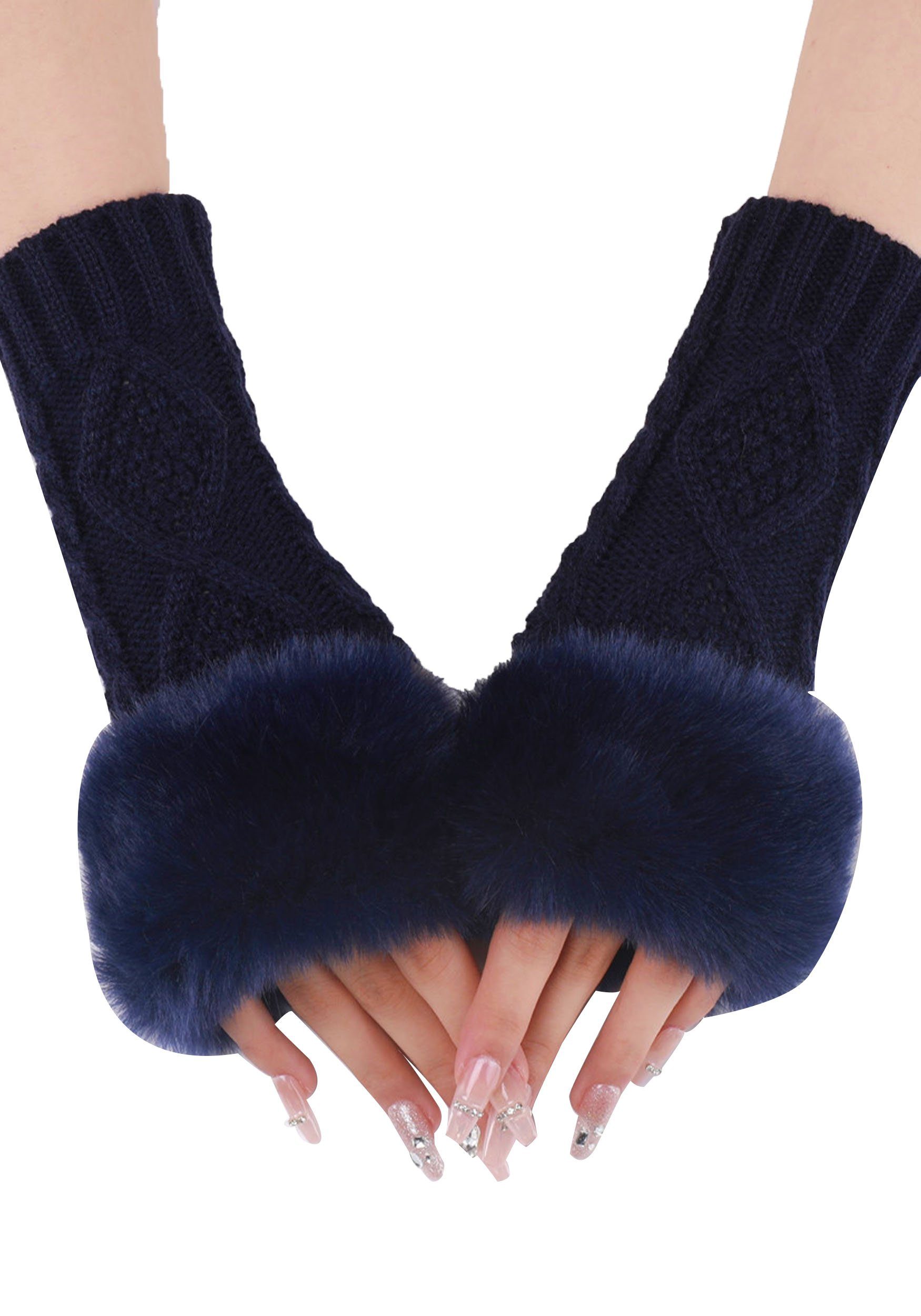 MAGICSHE Strickhandschuhe Damen Winter-warmer Plüsch Fingerlose Handschuhe Armstulpen Pulswärmer Stricken,Gestrickte Jacquard Königsblau